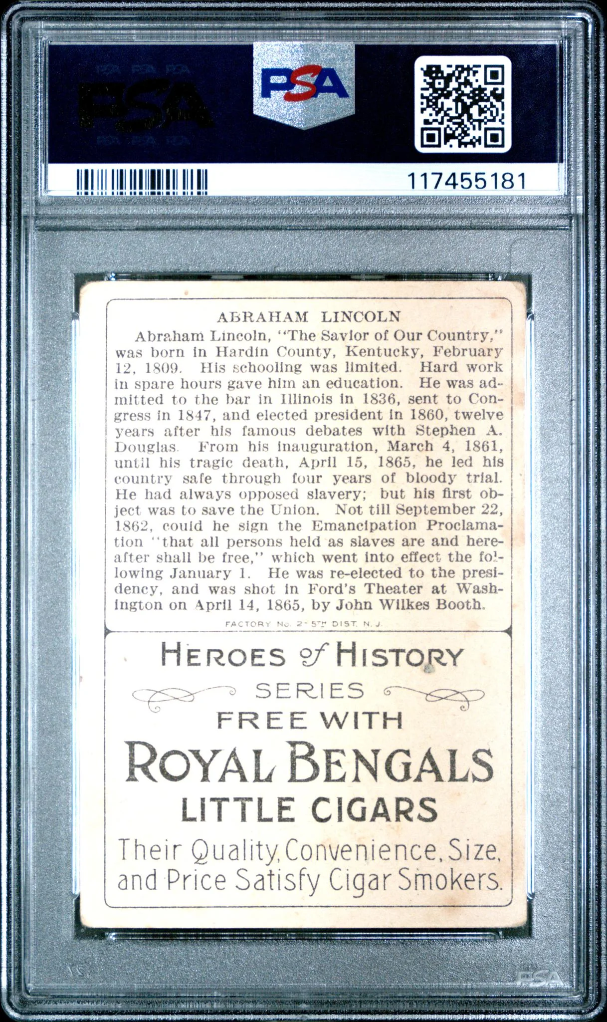 1911 Heroes of History T68 Abraham Lincoln #1 PSA 2 - Image 2