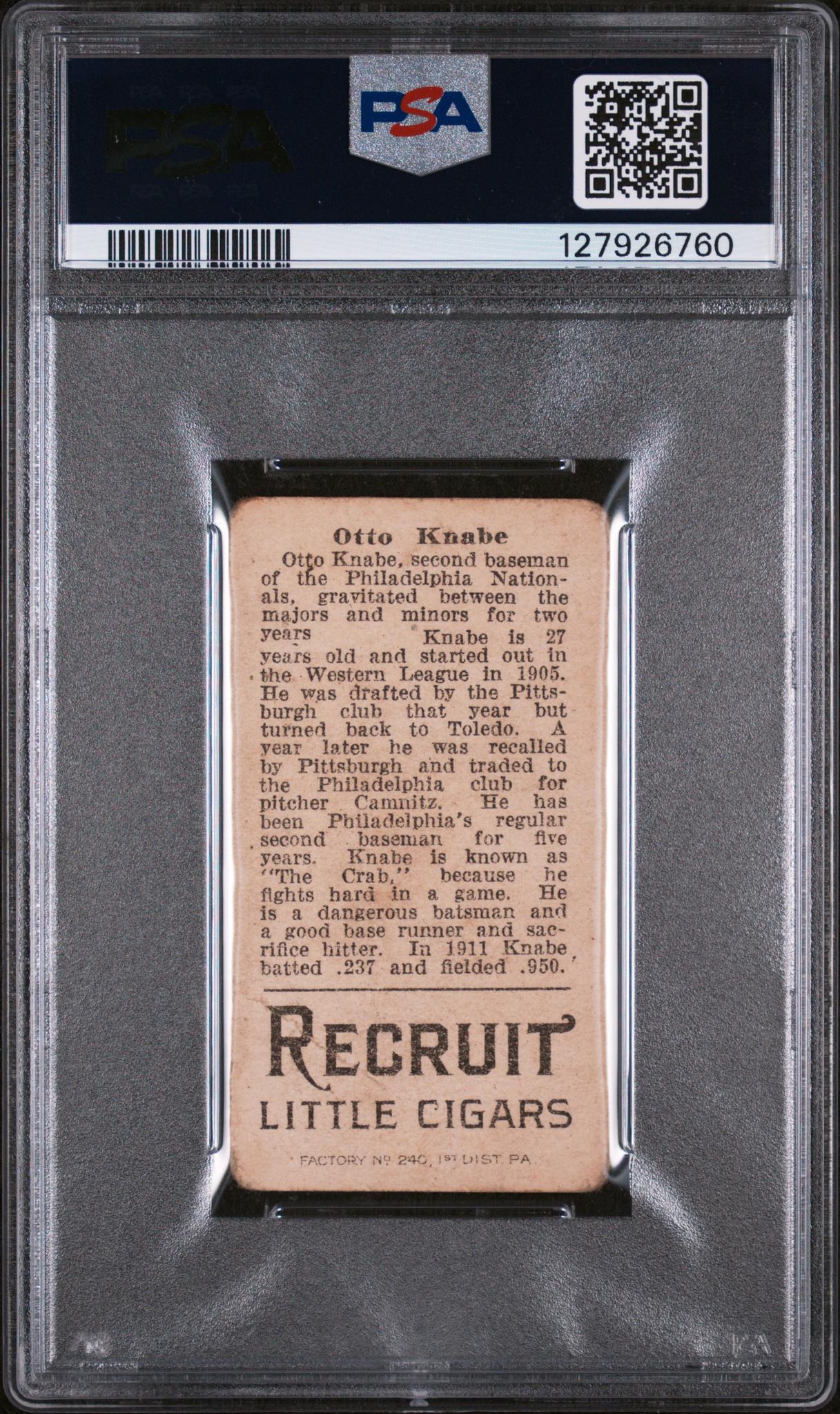 1912 T207 Brown Background Otto Knabe #92 PSA 1 - Image 2