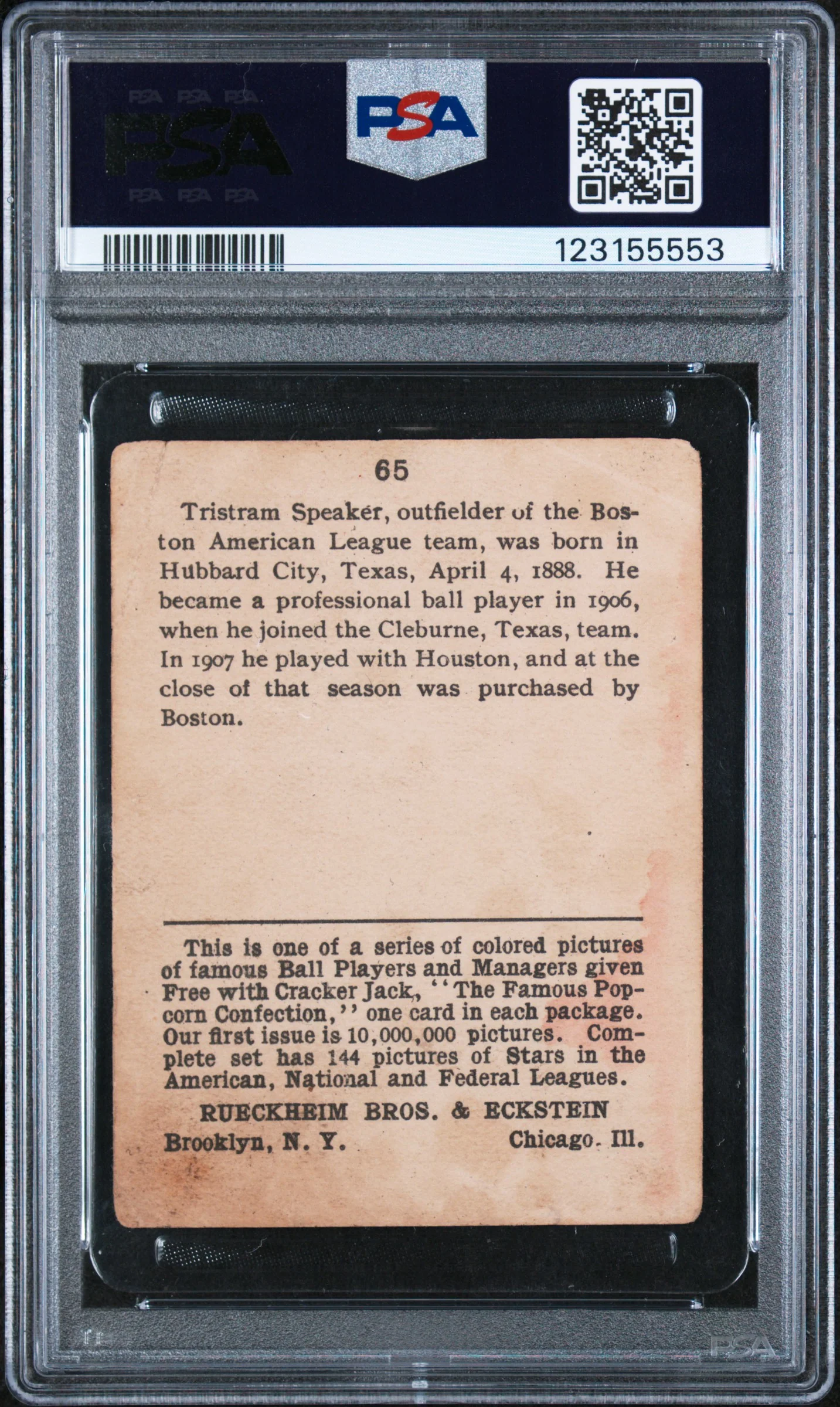 1914 Cracker Jack Tris Speaker #65 PSA 2 - Image 2