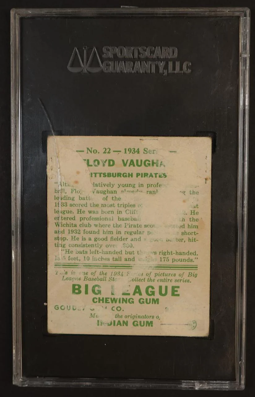 1934 Goudey 22 Floyd Vaughan 1 SGC 10 Poor Pittsburgh Pirates - Image 2