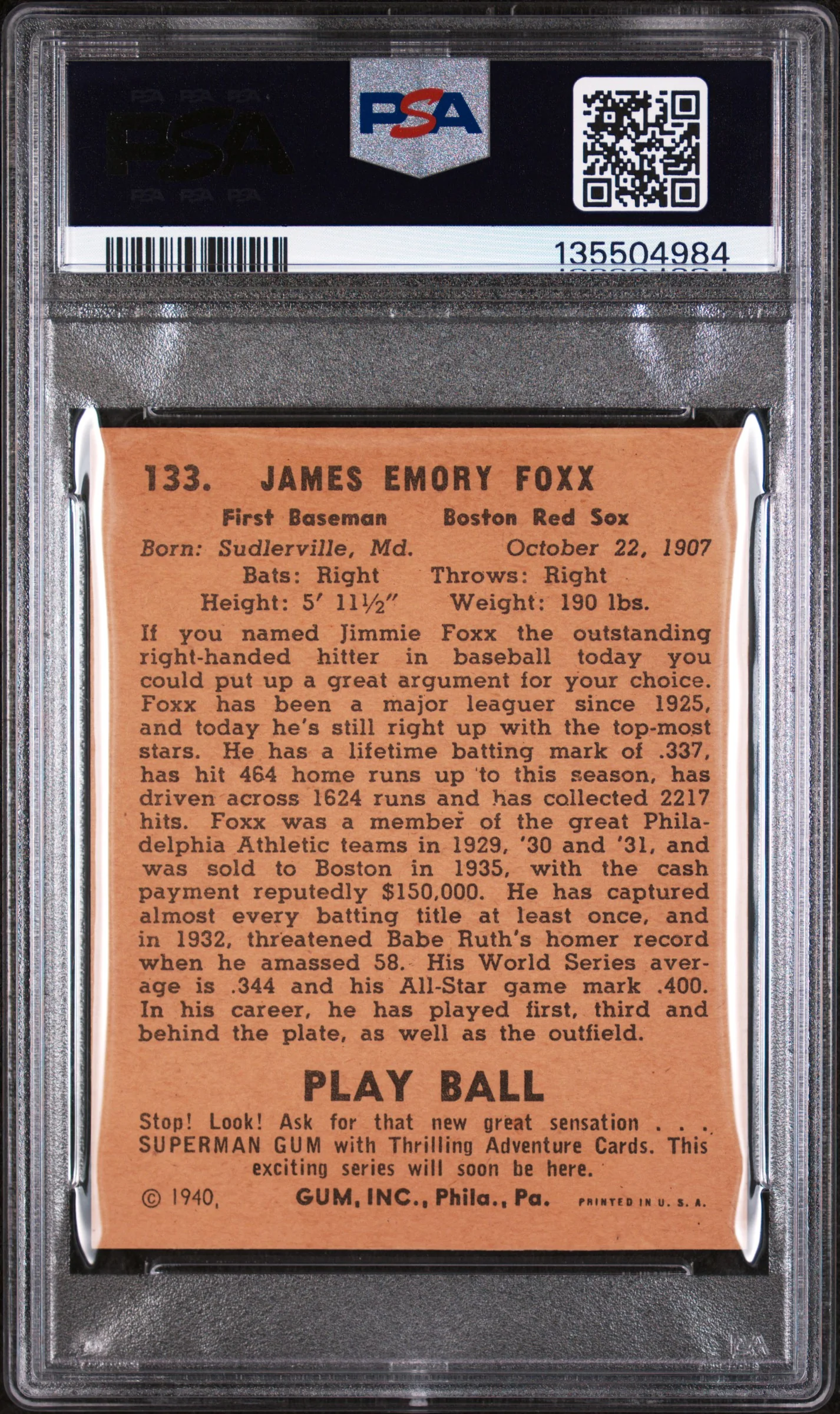1940 Play Ball Jimmie Foxx #133 PSA 4 - Image 2