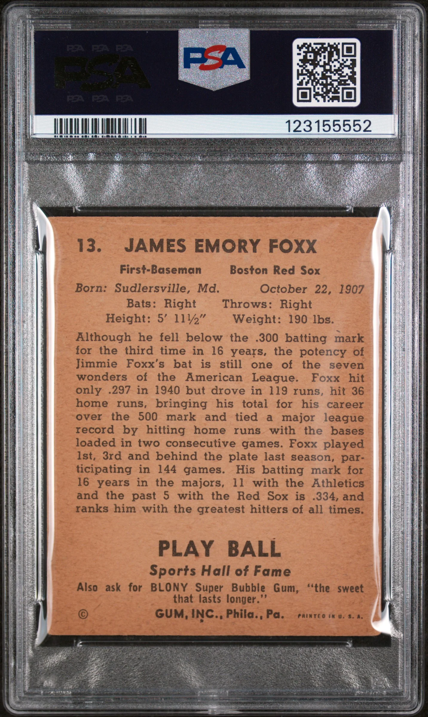 1941 Play Ball Jimmie Foxx #13 PSA 2 - Image 2