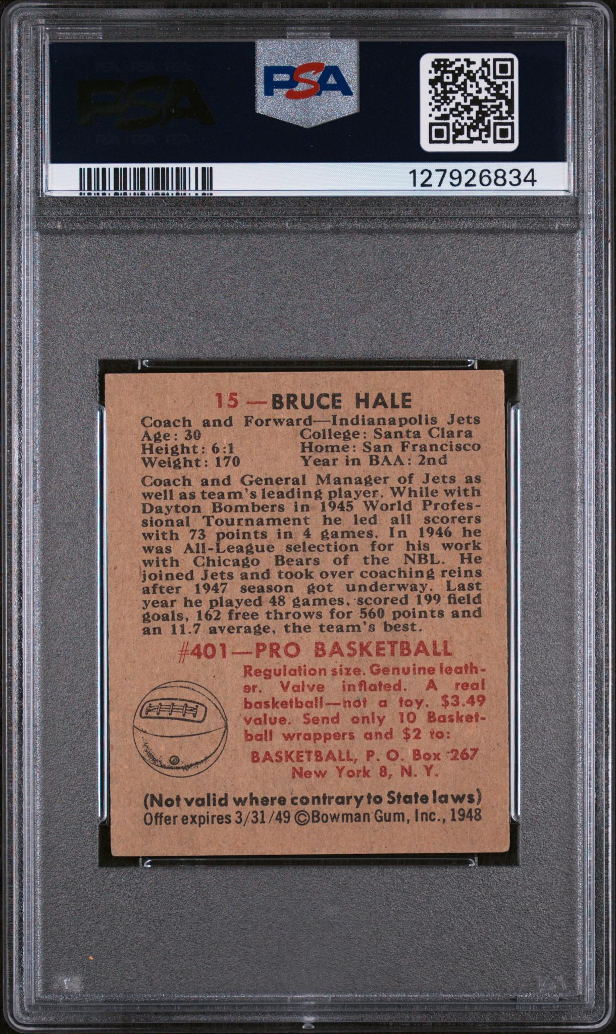1948 Bowman Bruce Hale #15 PSA 4 - Image 2