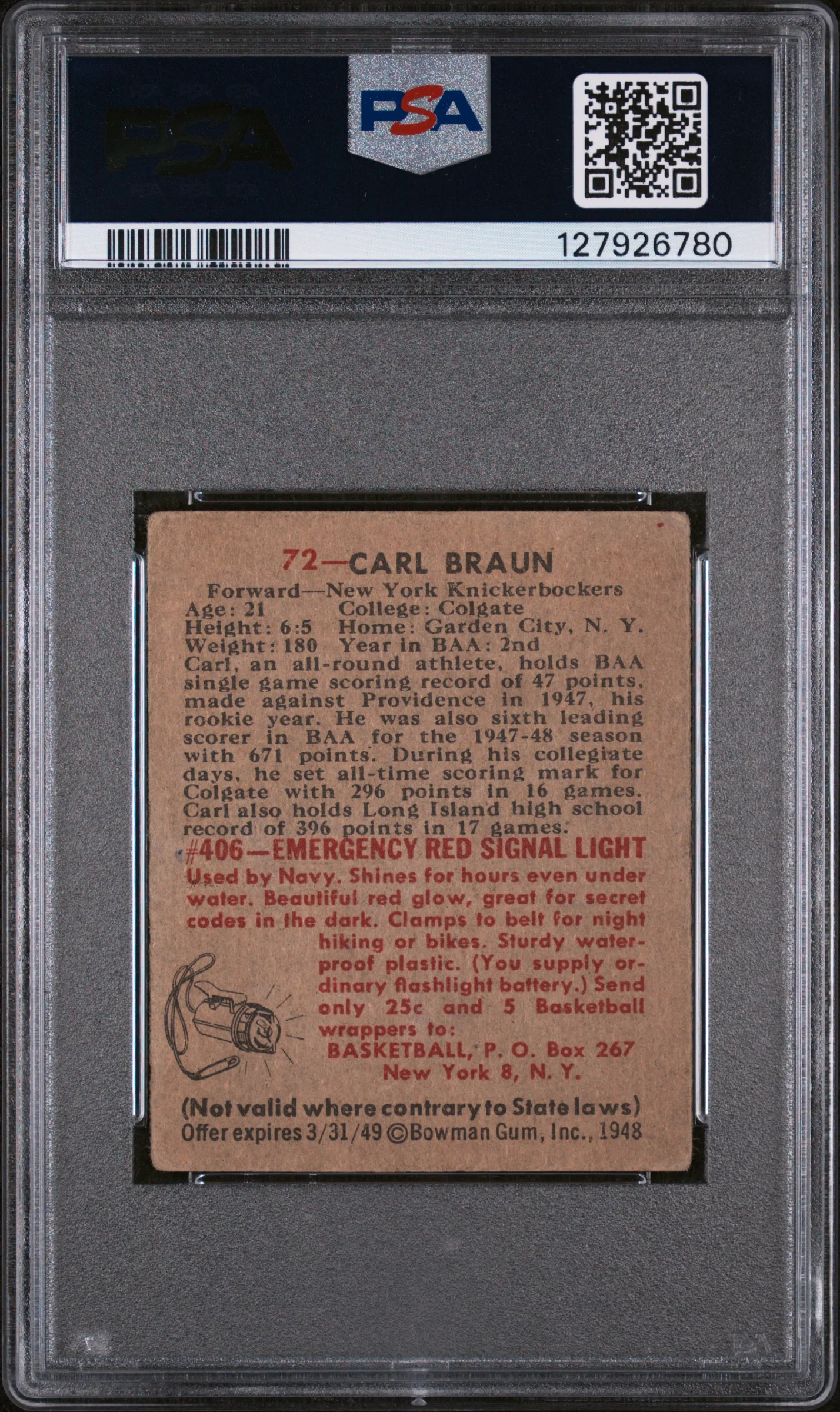 1948 Bowman Carl Braun #72 PSA 2.5 - Image 2