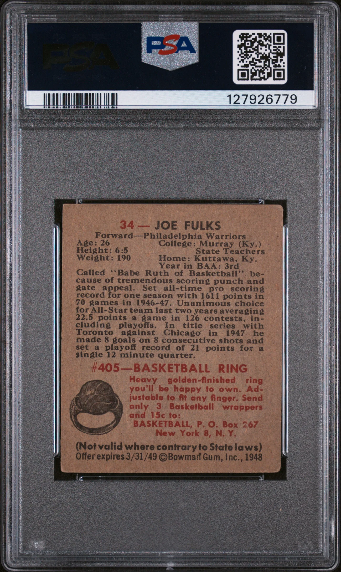 1948 Bowman Joe Fulks #34 PSA 3 - Image 2