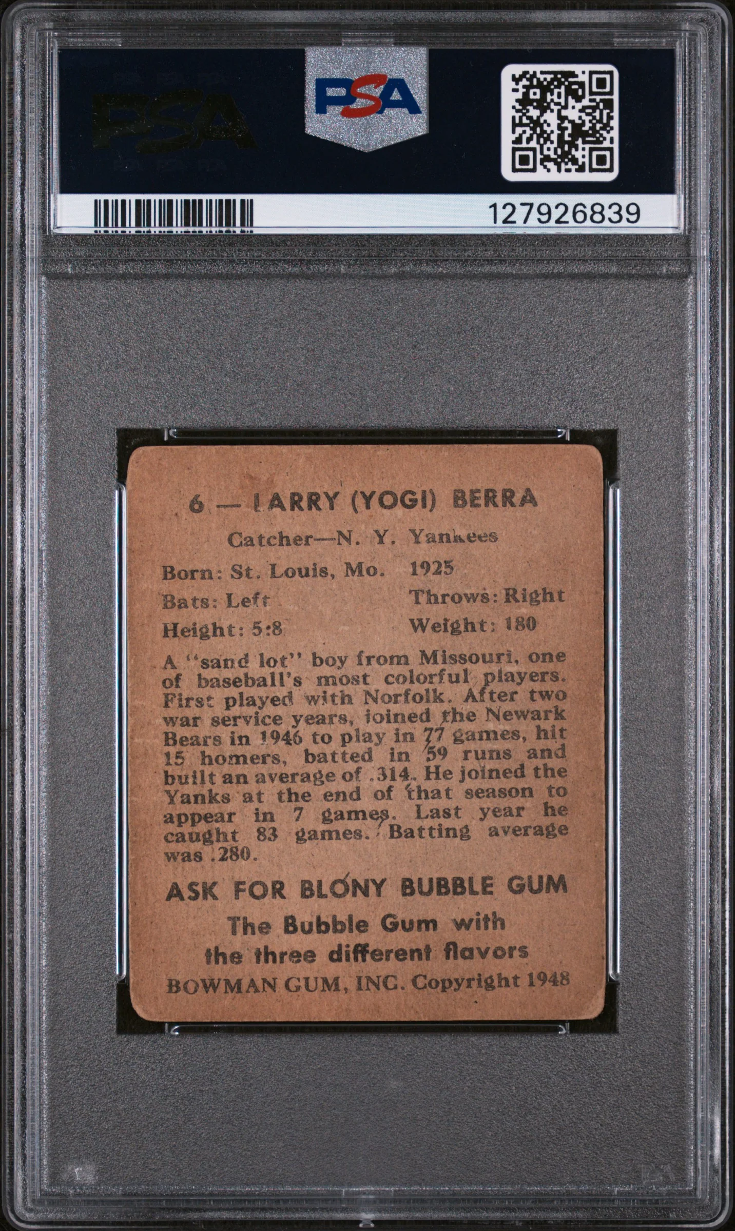 1948 Bowman Yogi Berra #6 PSA 2 - Image 2