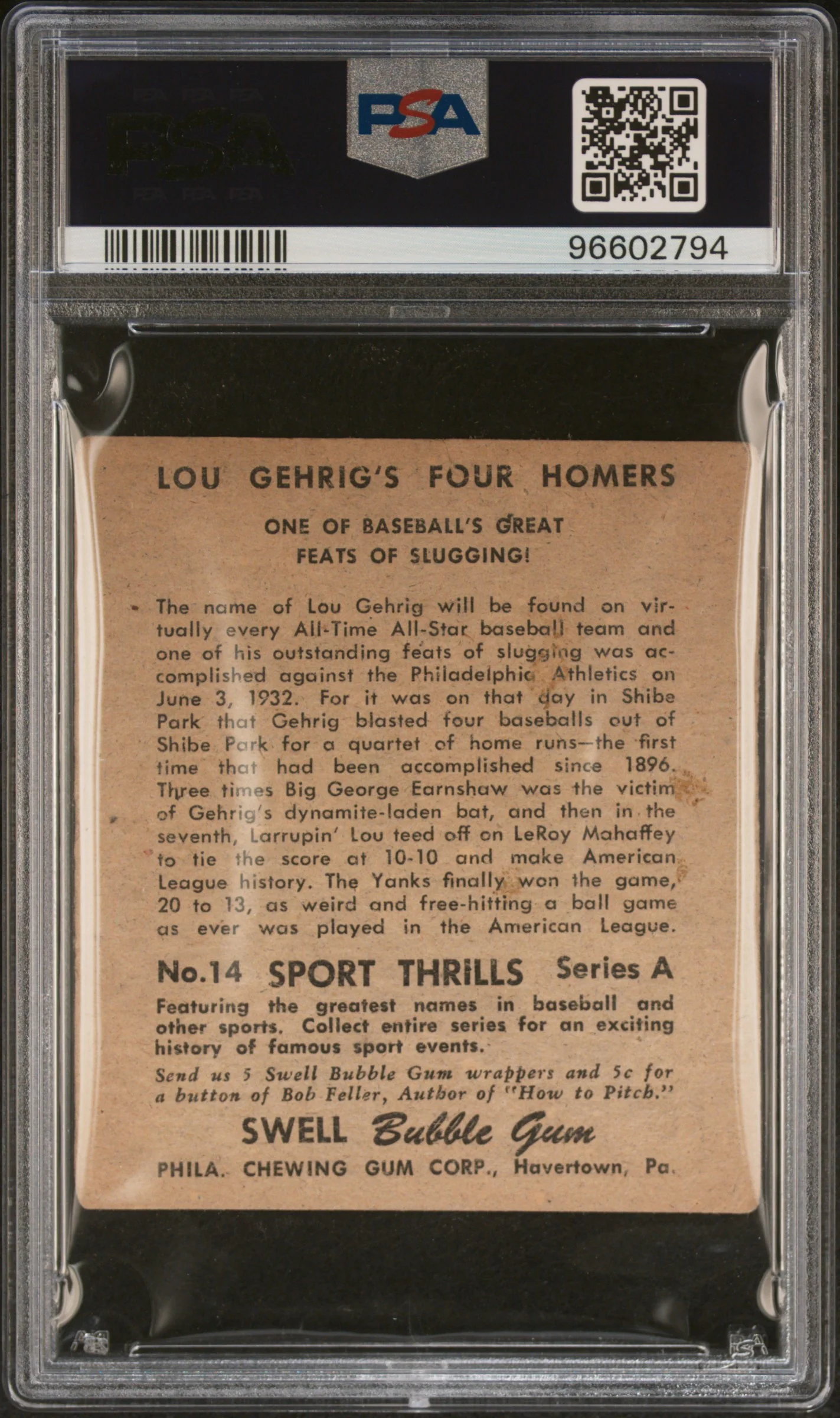1948 Swell Sport Thrills Great Slugging: Lou/Gehrig's Four/Homers #14 PSA 1.5 - Image 2