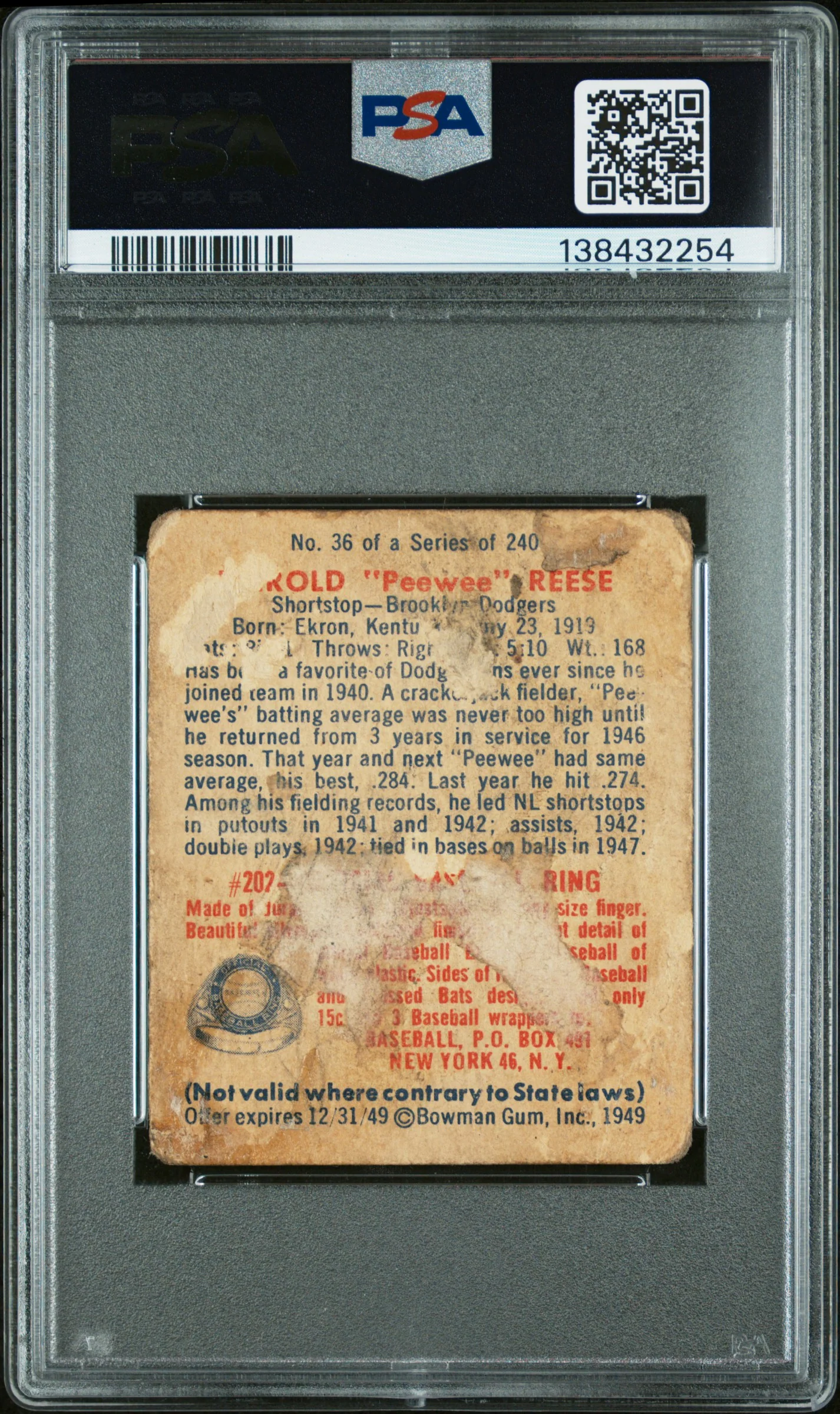 1949 Bowman Pee Wee Reese #36 PSA 1 - Image 2