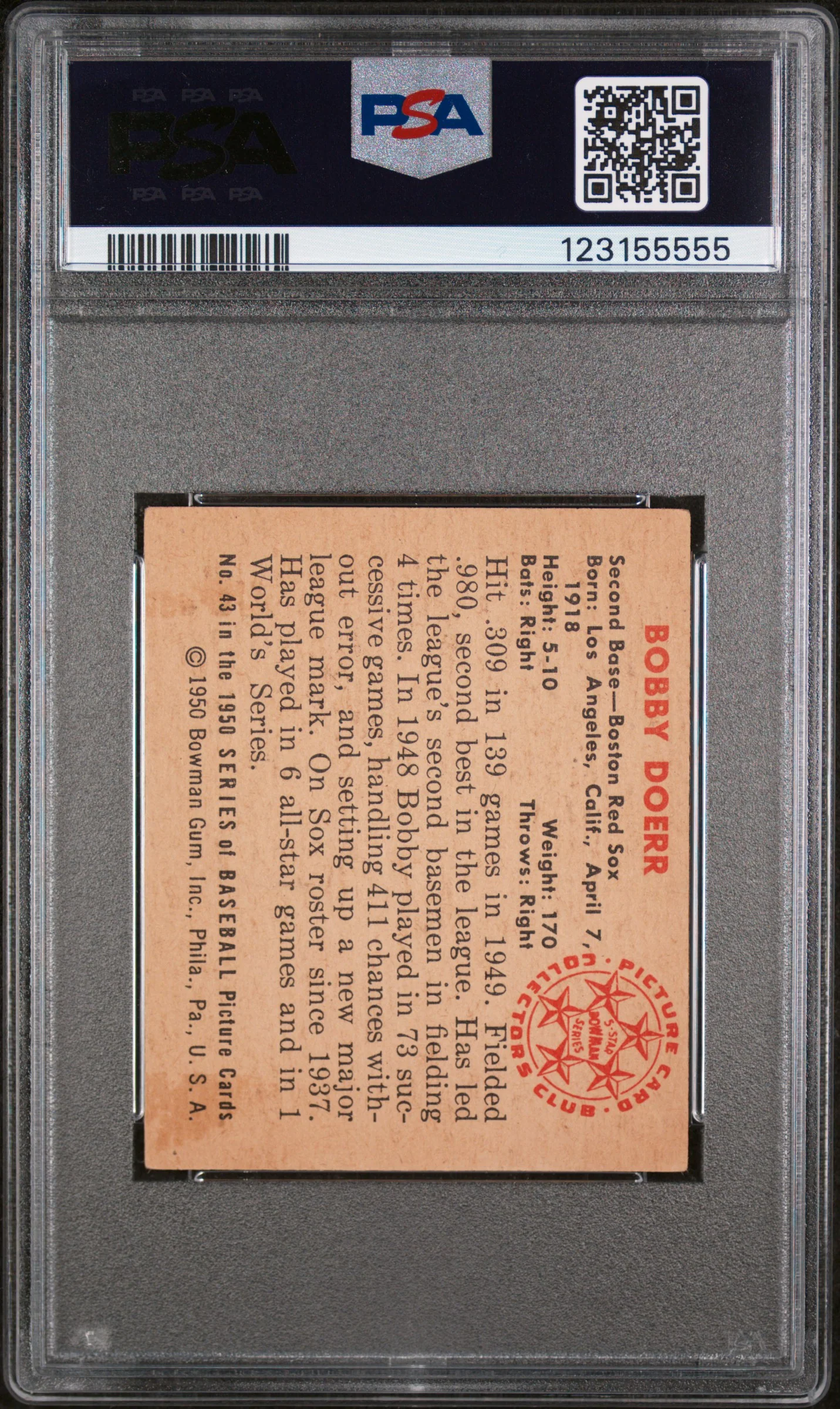 1950 Bowman Bobby Doerr #43 PSA 4 - Image 2