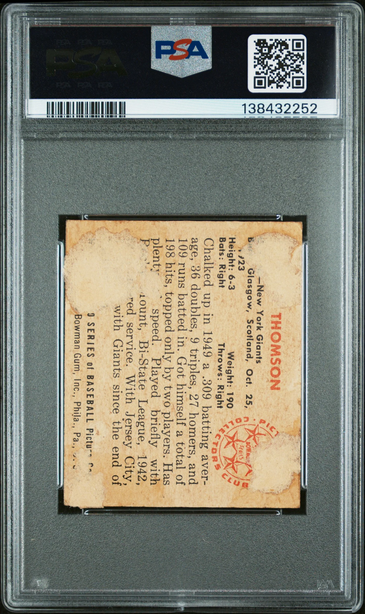 1950 Bowman Bobby Thomson #28 PSA 1 - Image 2