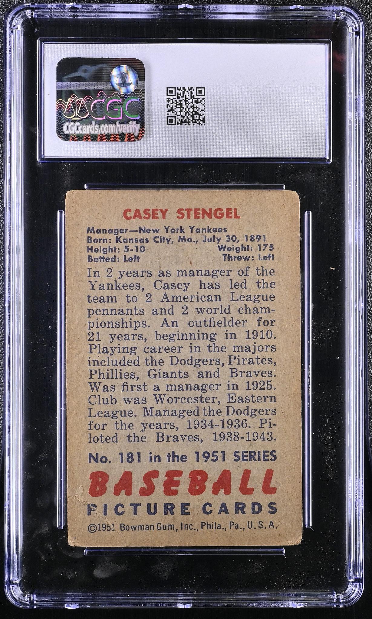 1951 Bowman #181 Casey Stengel CGC 1.5 - Image 2