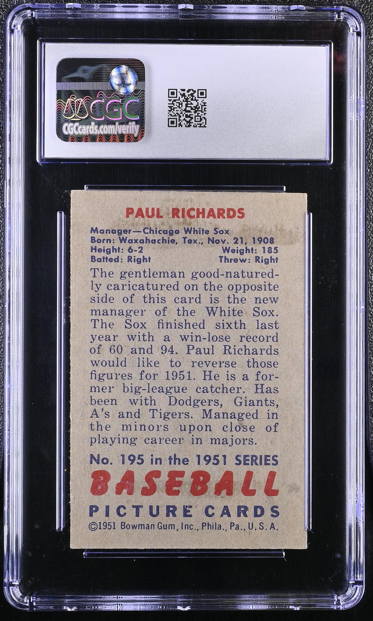 1951 Bowman #195 Paul Richards CGC 3.5 - Image 2