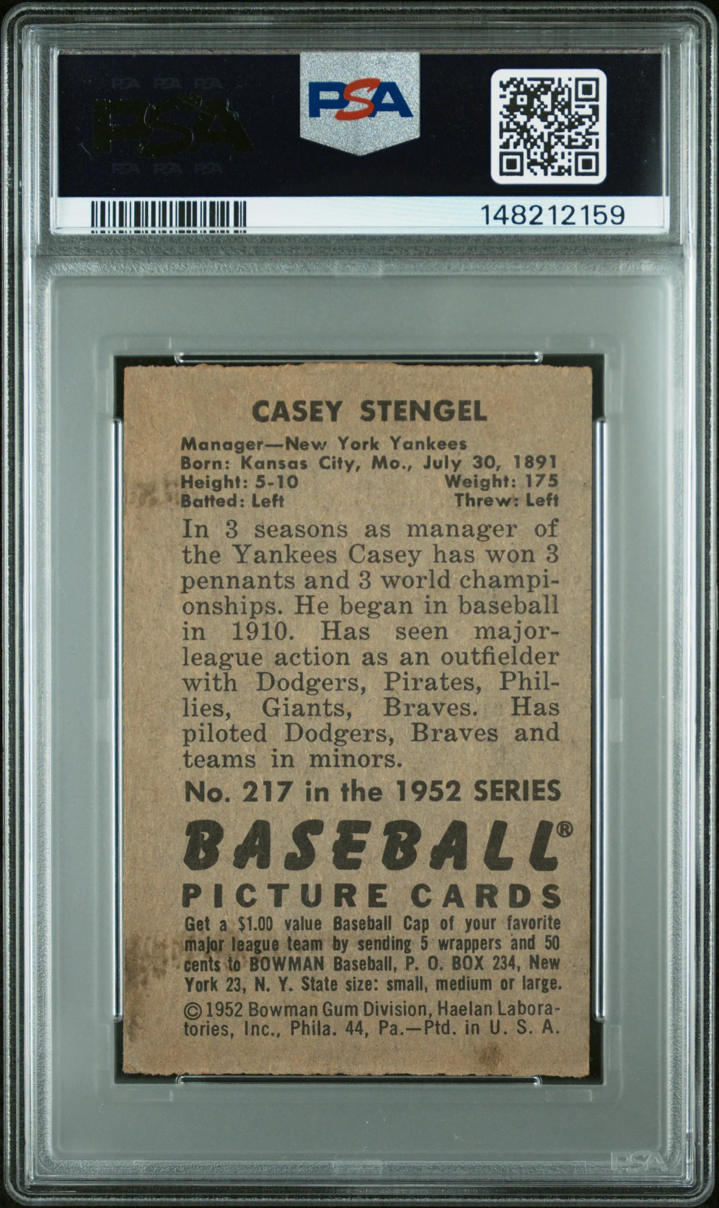 1952 Bowman Casey Stengel #217 PSA 5 - Image 2