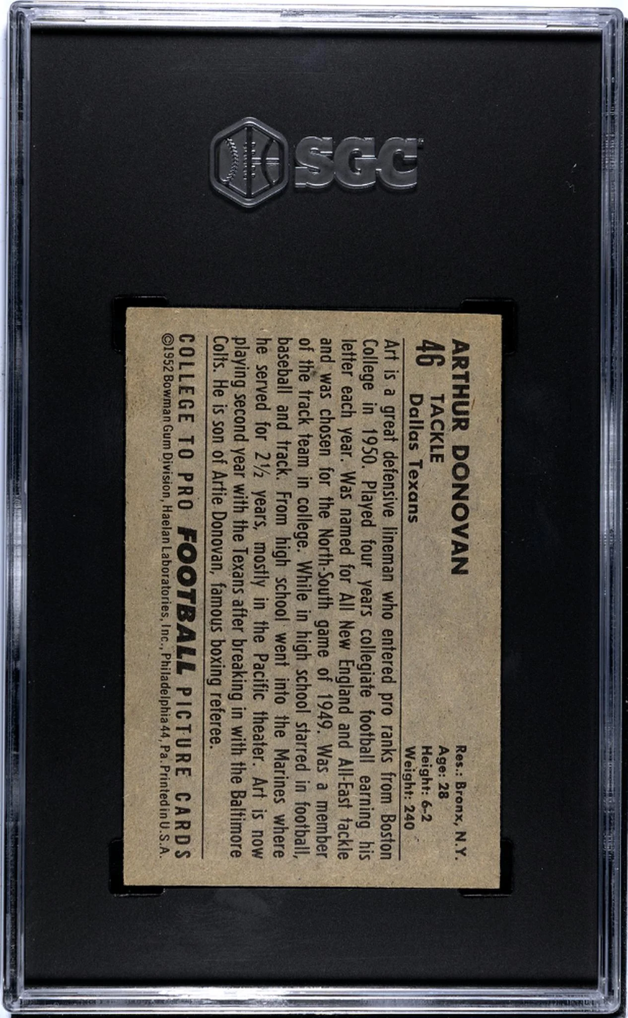 1952 Bowman Small Art Donovan #46 RC SGC 6 - Image 2