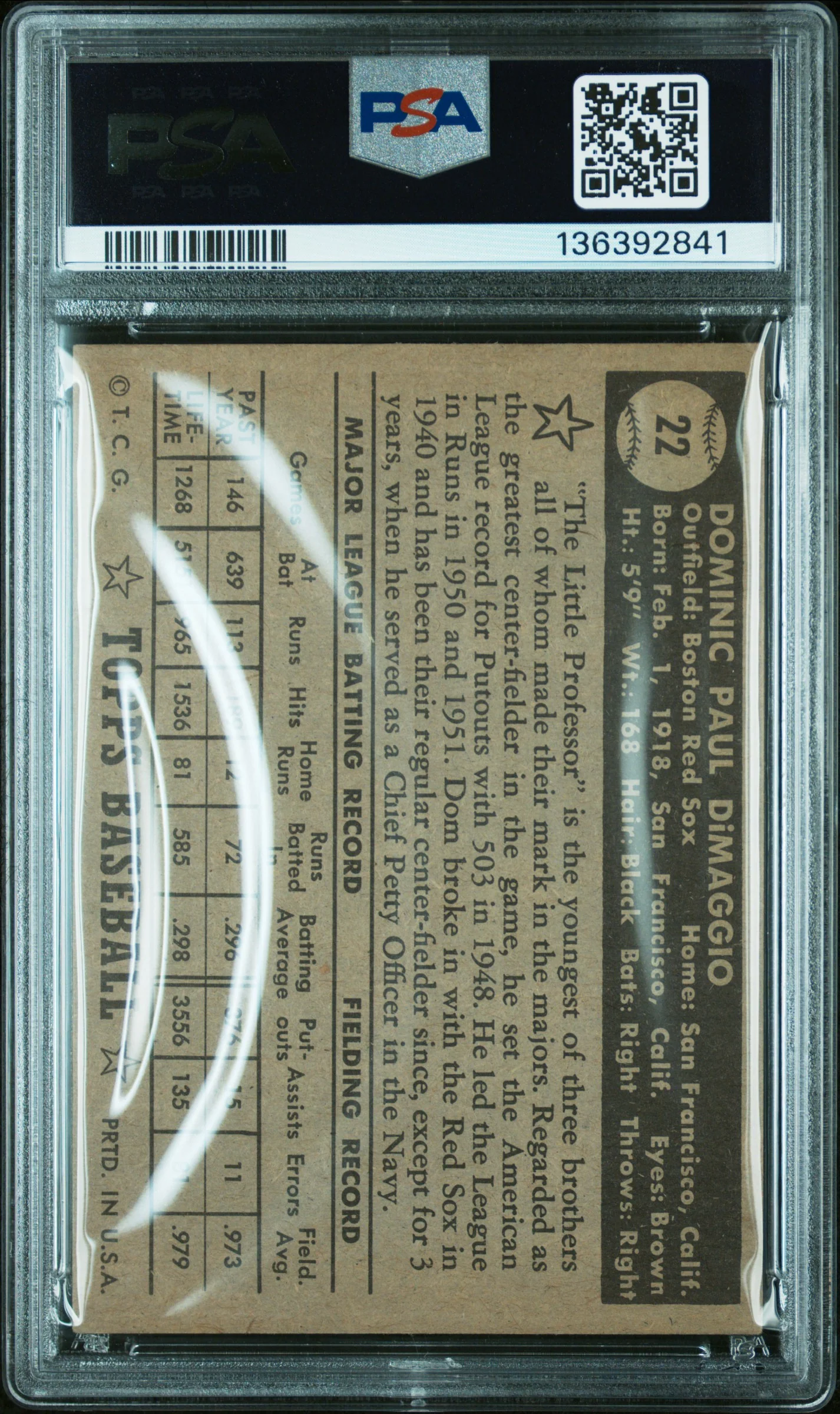 1952 Topps Black Back Dom Dimaggio #22A PSA 4 - Image 2