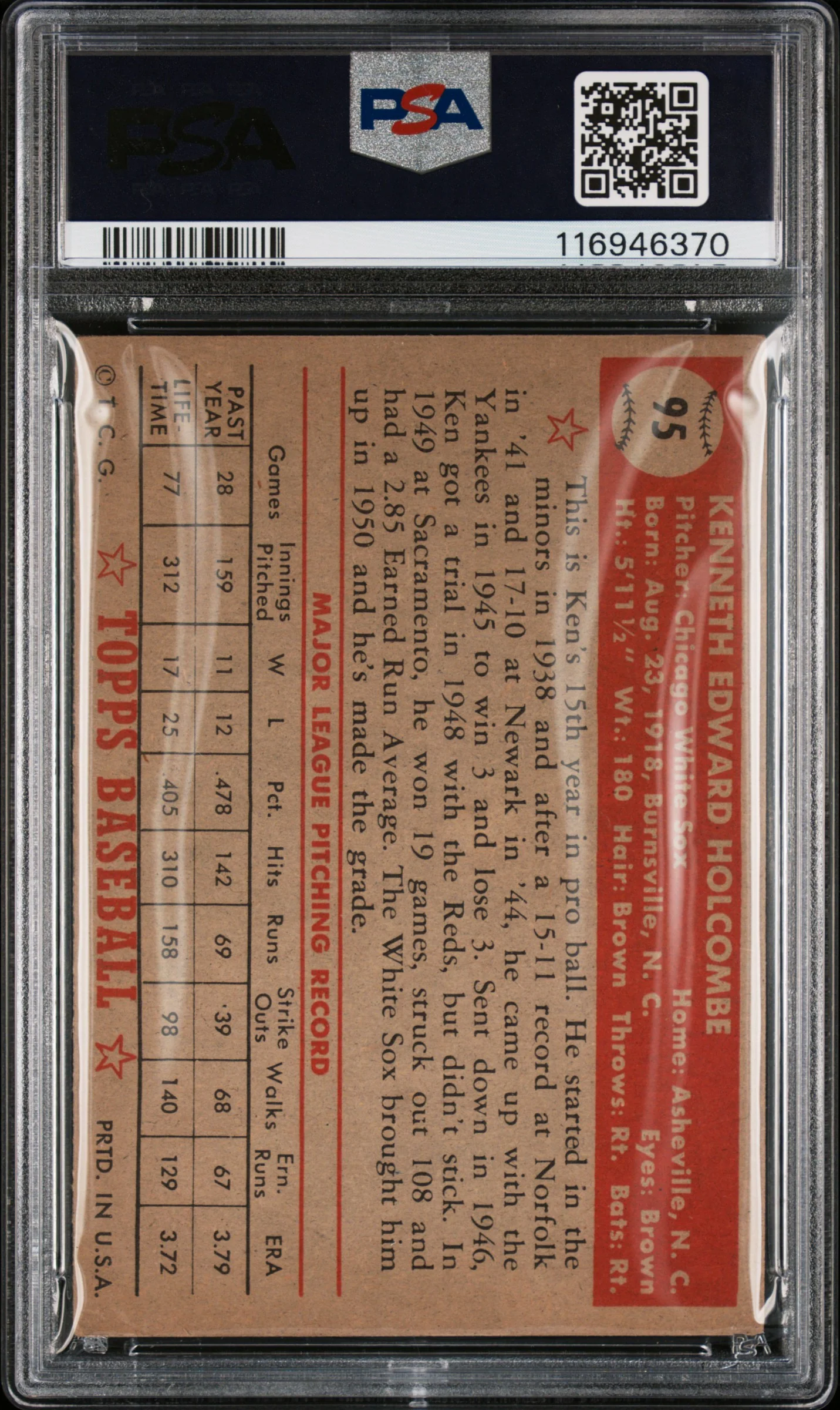 1952 Topps Ken Holcombe #95 PSA 3.5 - Image 2