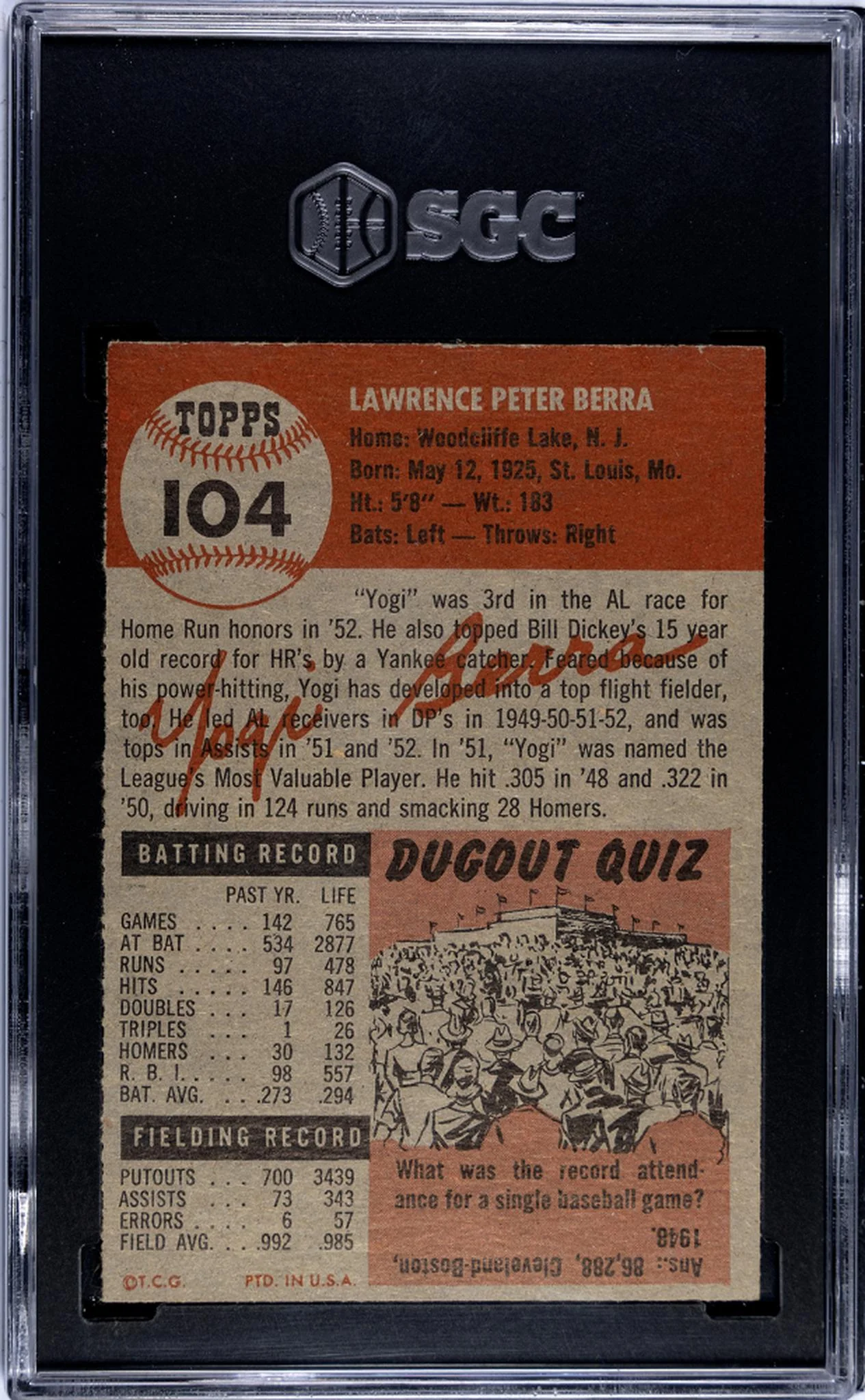 1953 Topps #104 Yogi Berra SGC 6 - Image 2