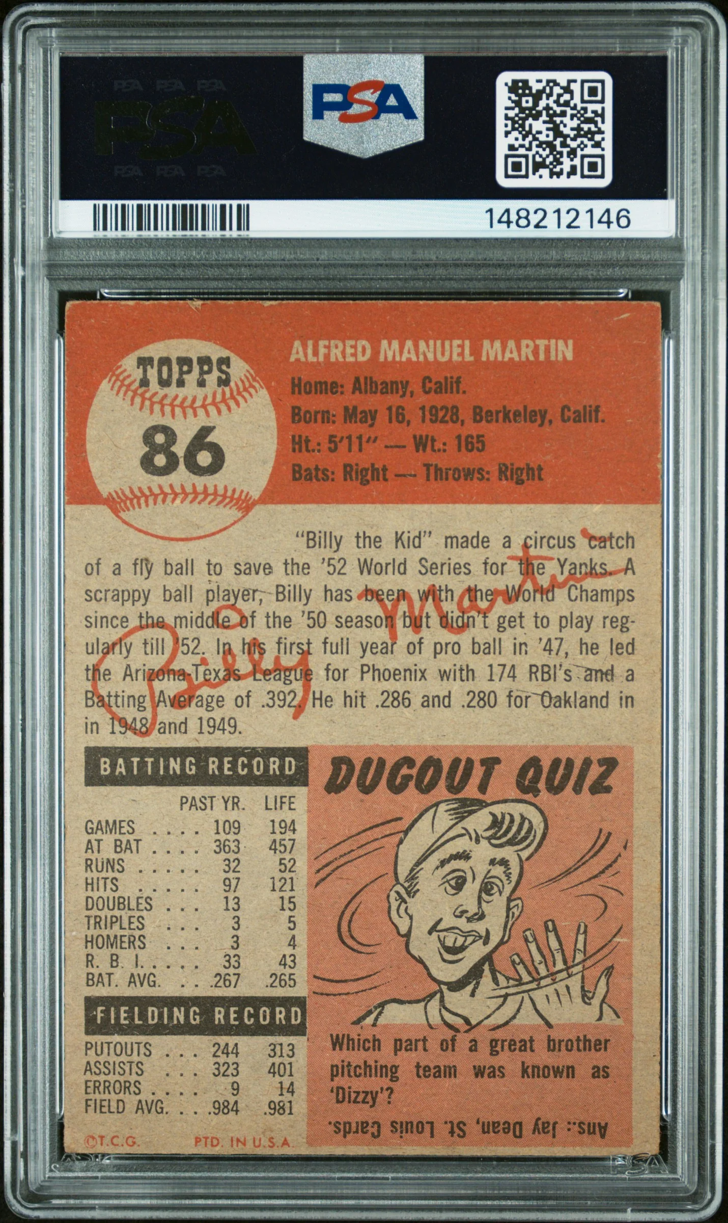 1953 Topps Billy Martin #86 PSA 3 - Image 2