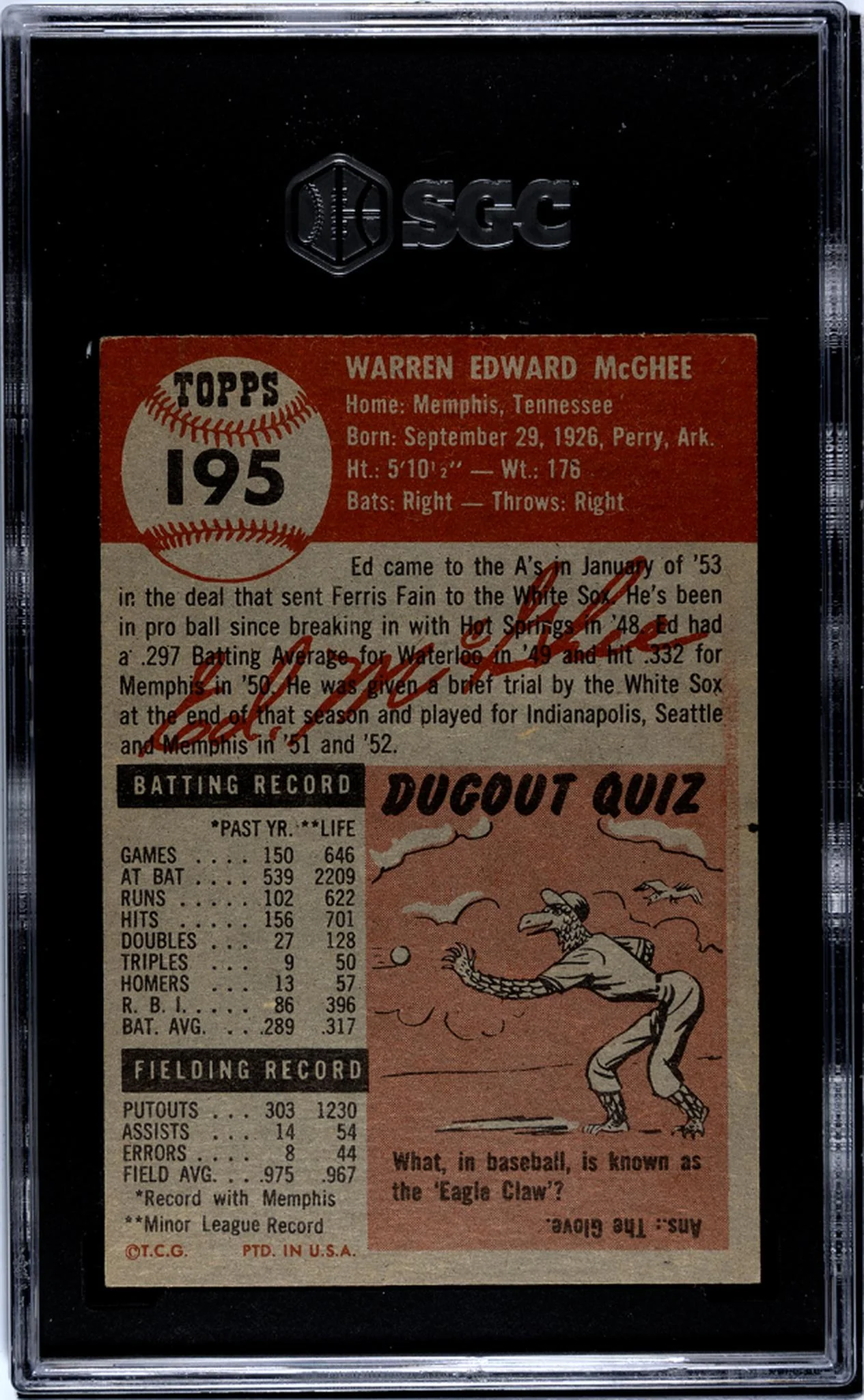 1953 Topps Ed McGhee #195 SGC 5 - Image 2