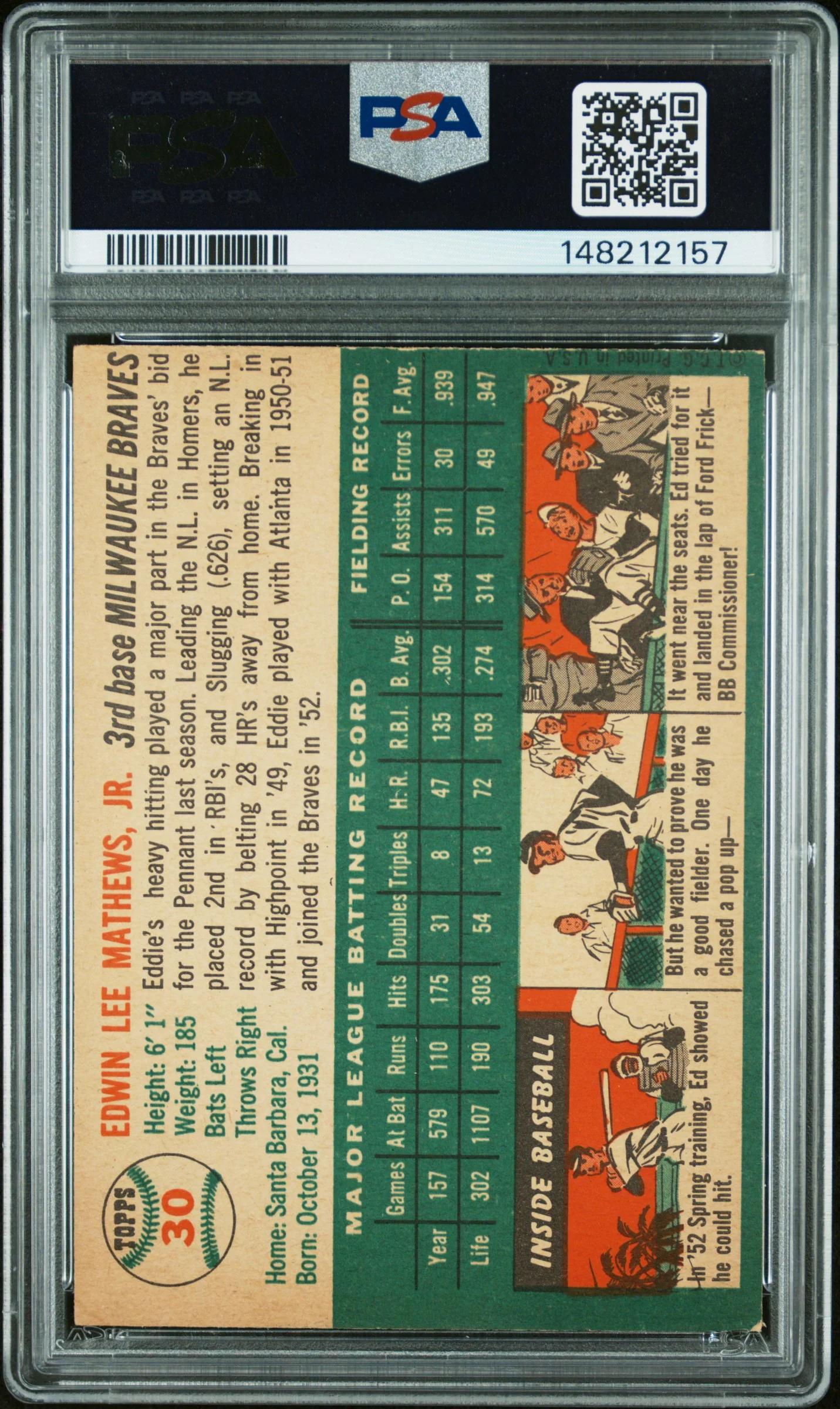 1954 Topps Eddie Mathews #30 PSA 4 - Image 2