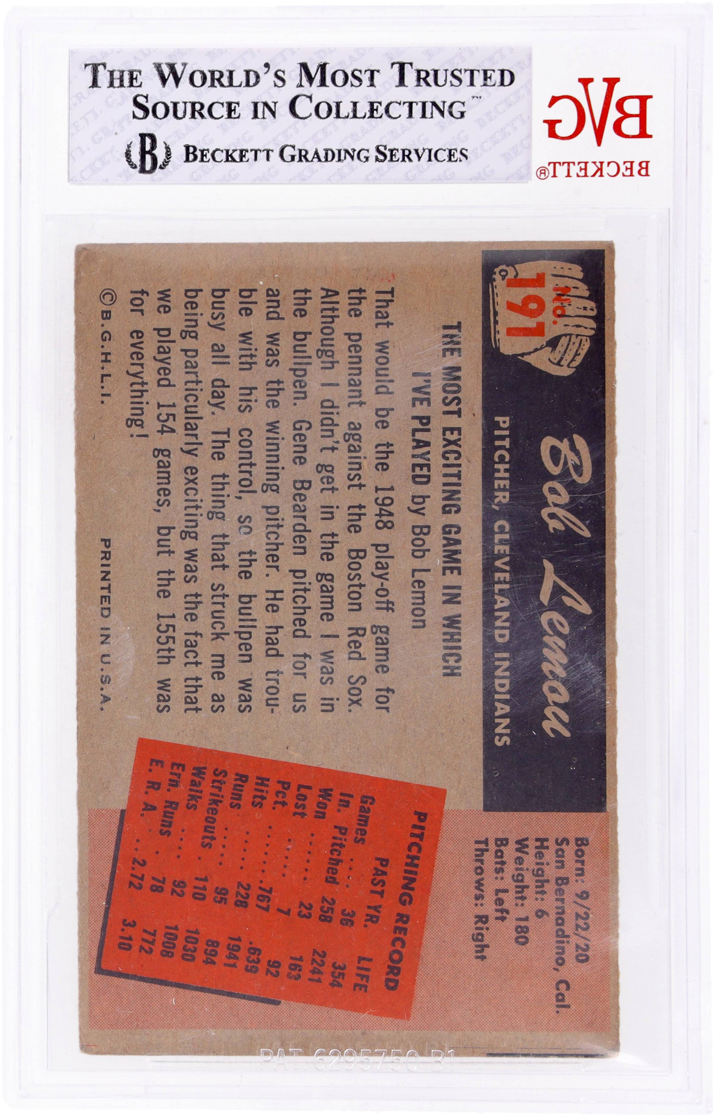 1955 Bowman #191 Bob Lemon BVG 4.5 VG-EX+ - Image 2