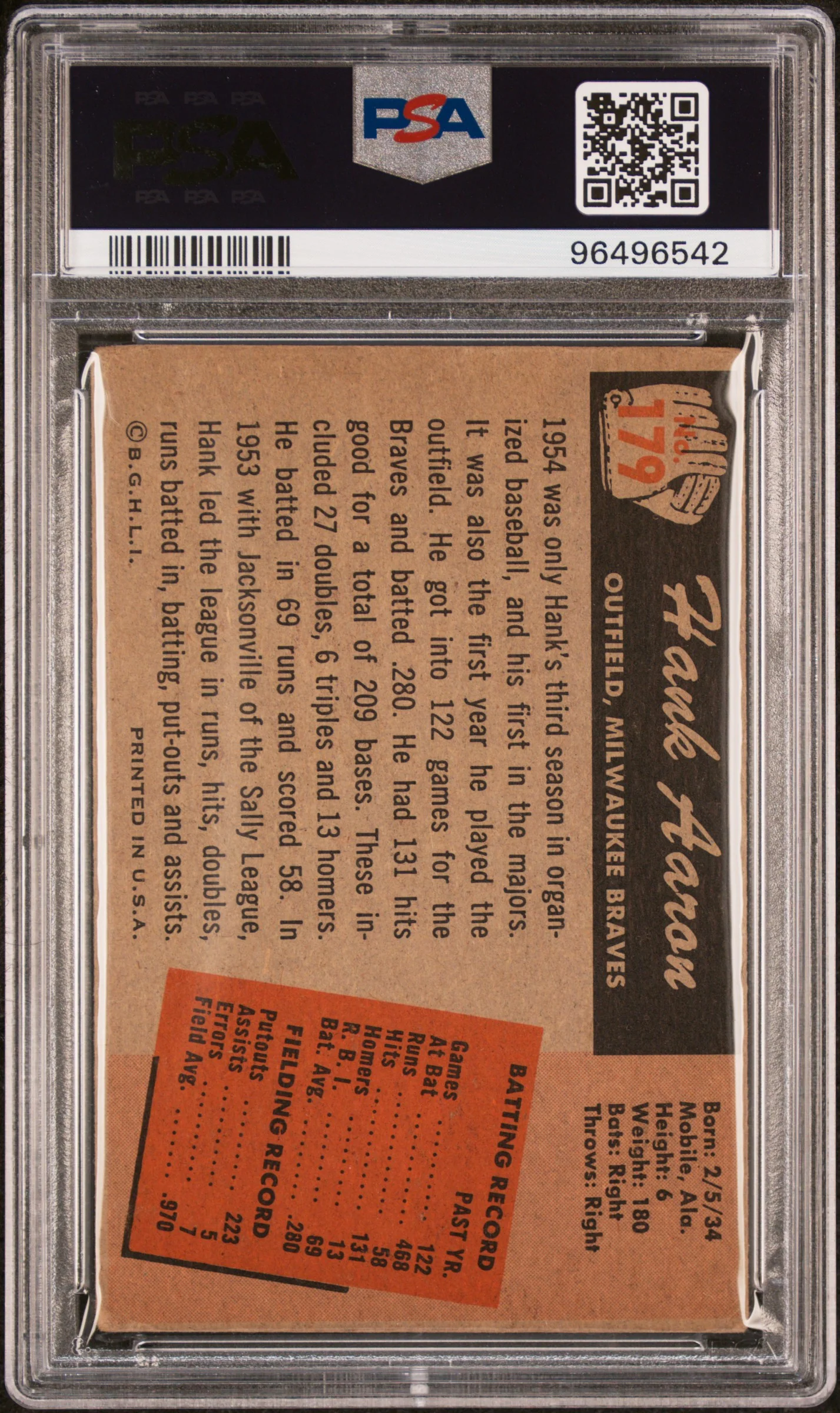 1955 Bowman Hank Aaron #179 PSA 2 - Image 2