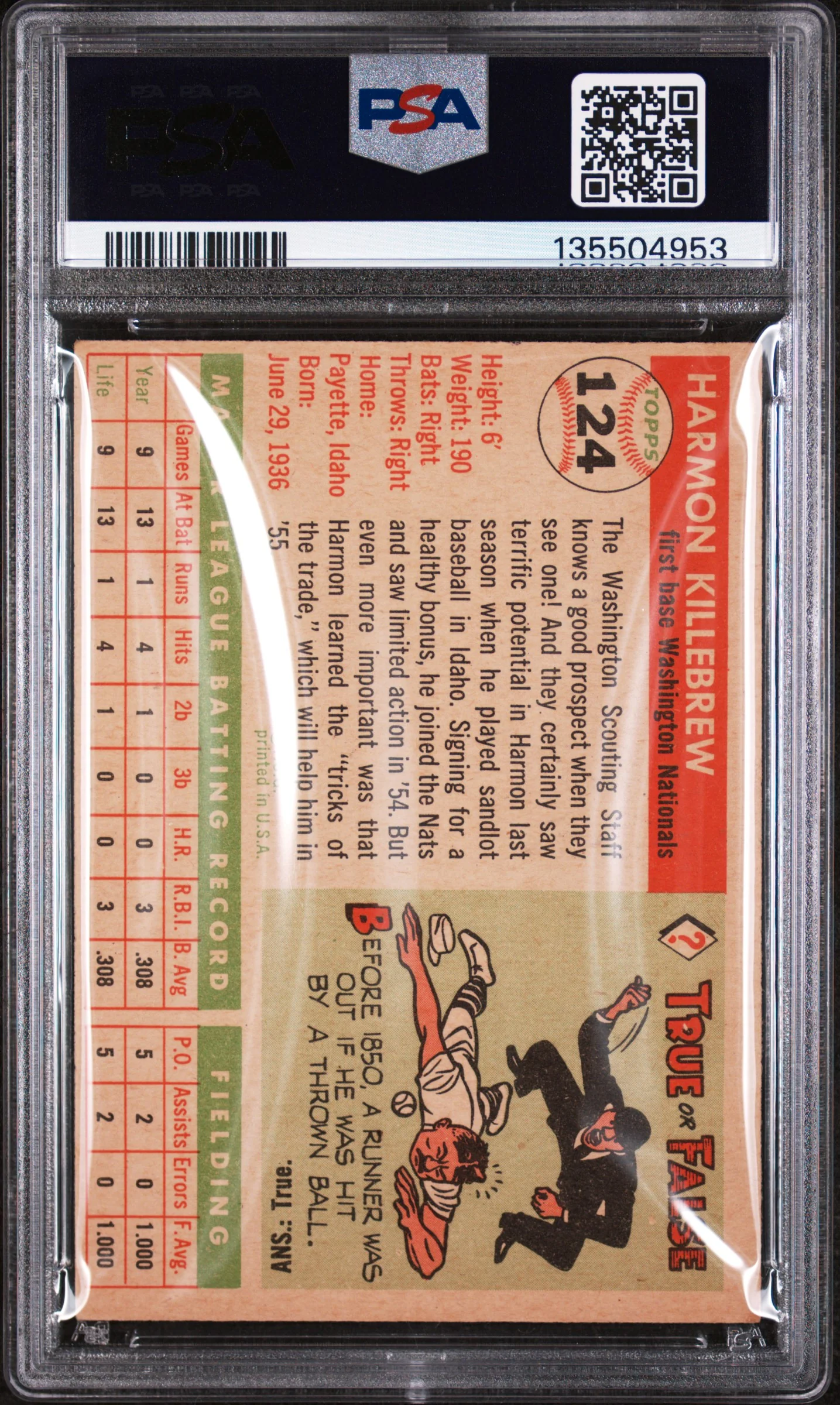 1955 Topps Harmon Killebrew #124 PSA 4 - Image 2