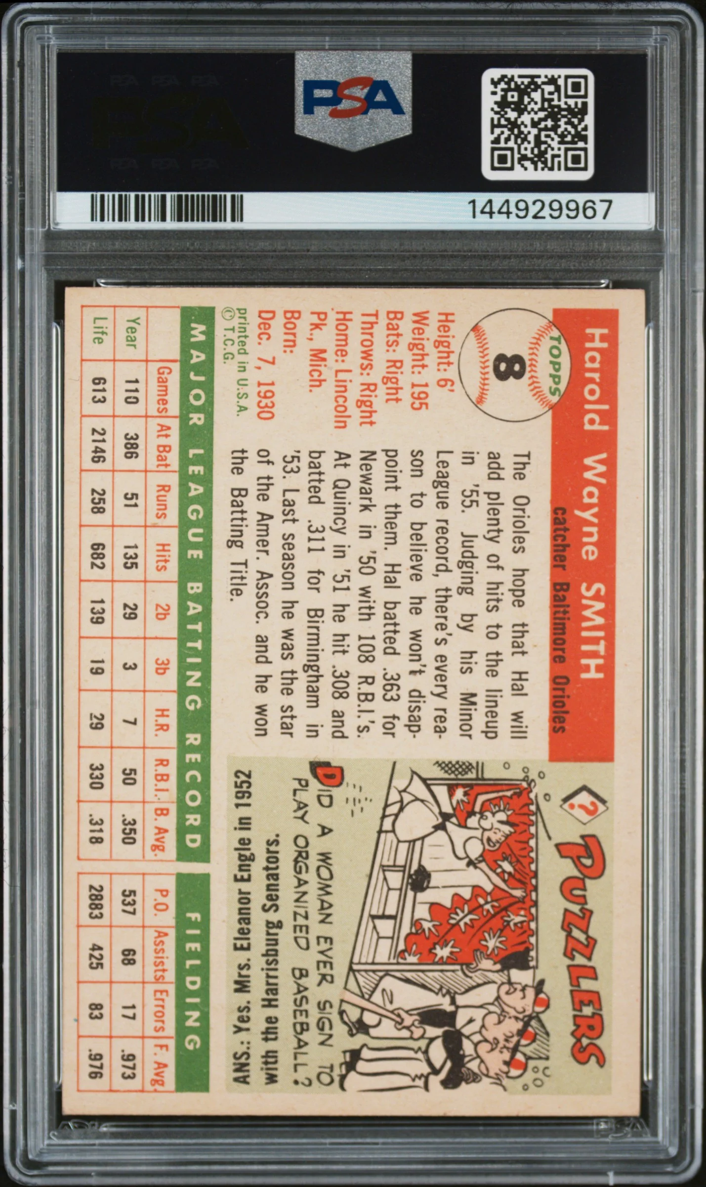 1955 Topps Harold Smith #8 PSA 7 - Image 2