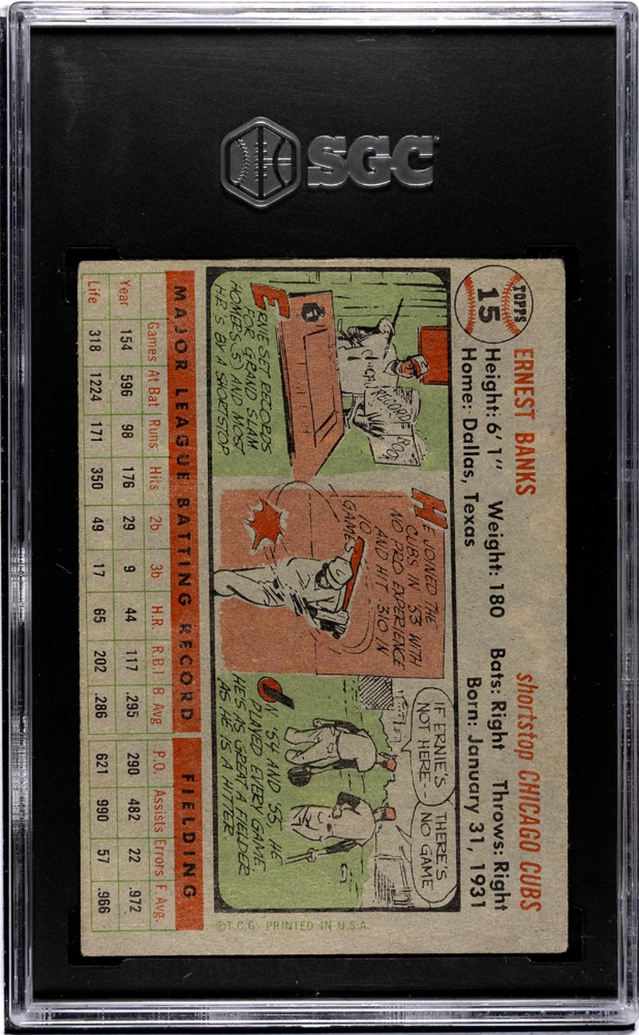 1956 Topps #15 Ernie Banks Gray Back SGC 2 - Image 2