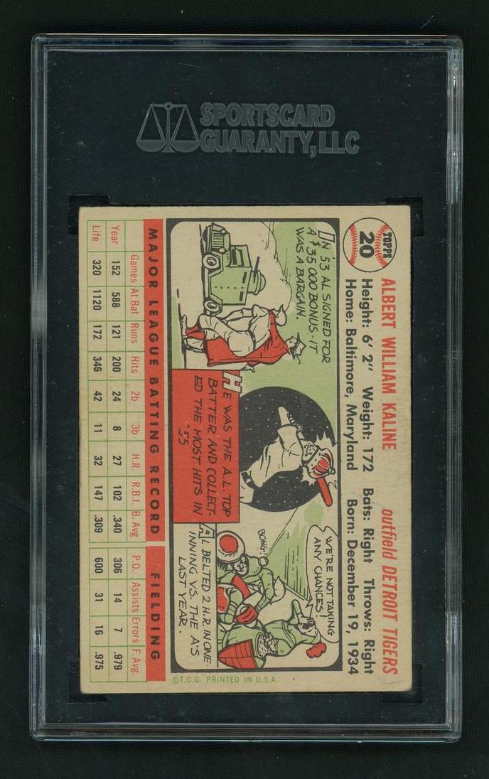 1956 Topps 20 Al Kaline White SGC 50 VG/EX Detroit Tigers - Image 2