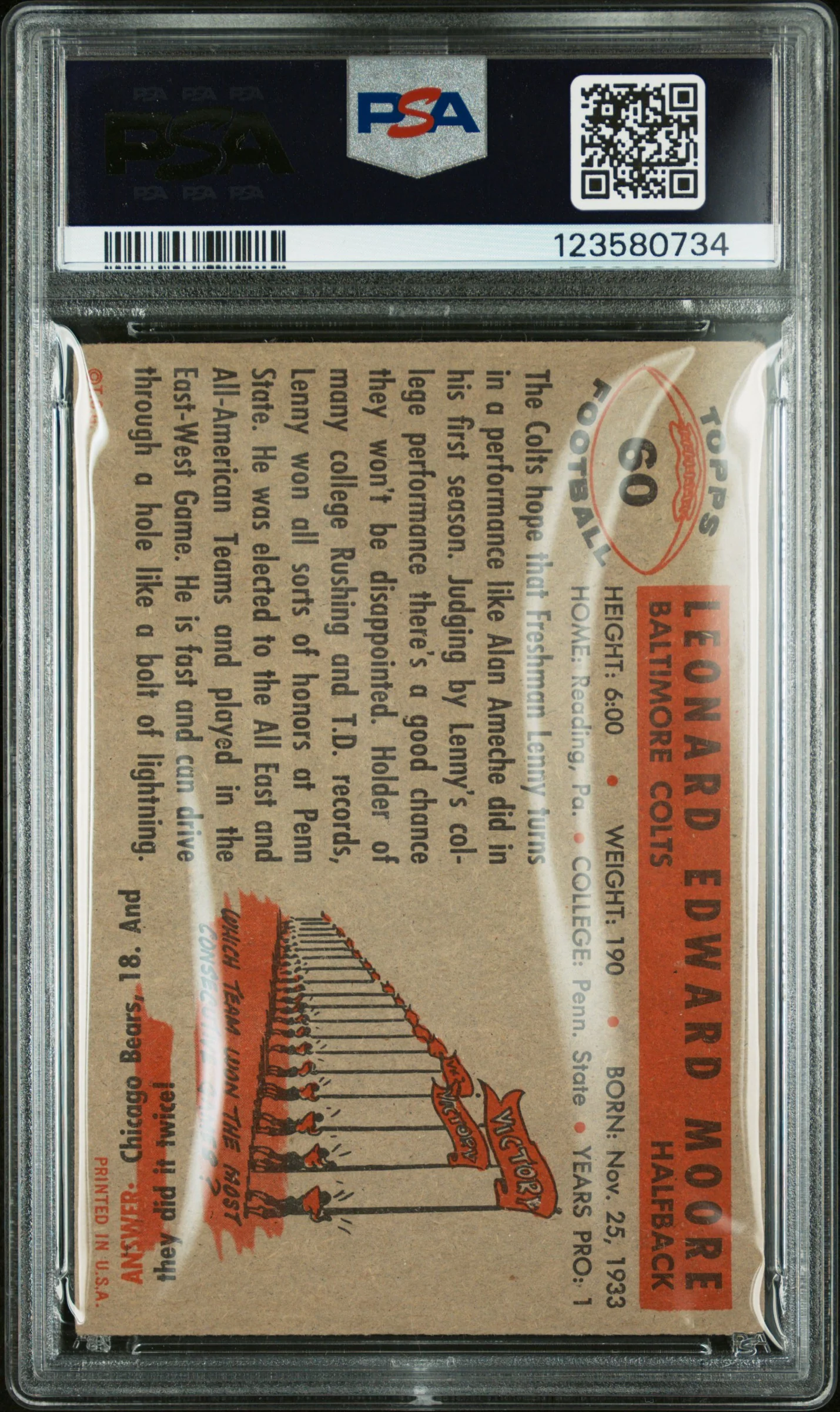 1956 Topps Lenny Moore #60 PSA 3.5 - Image 2