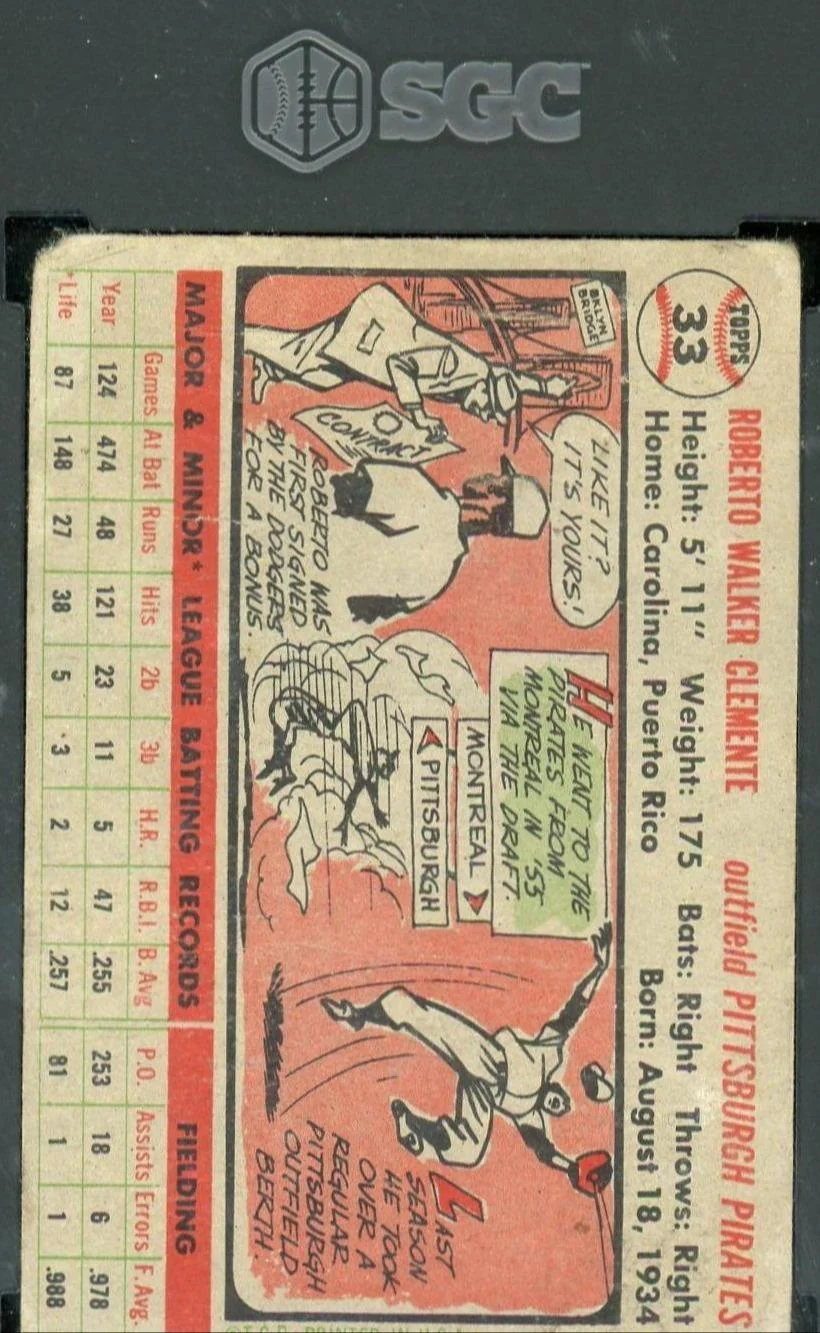 1956 Topps Roberto Clemente Gray Back #33b Pirates SGC 1 - Image 2