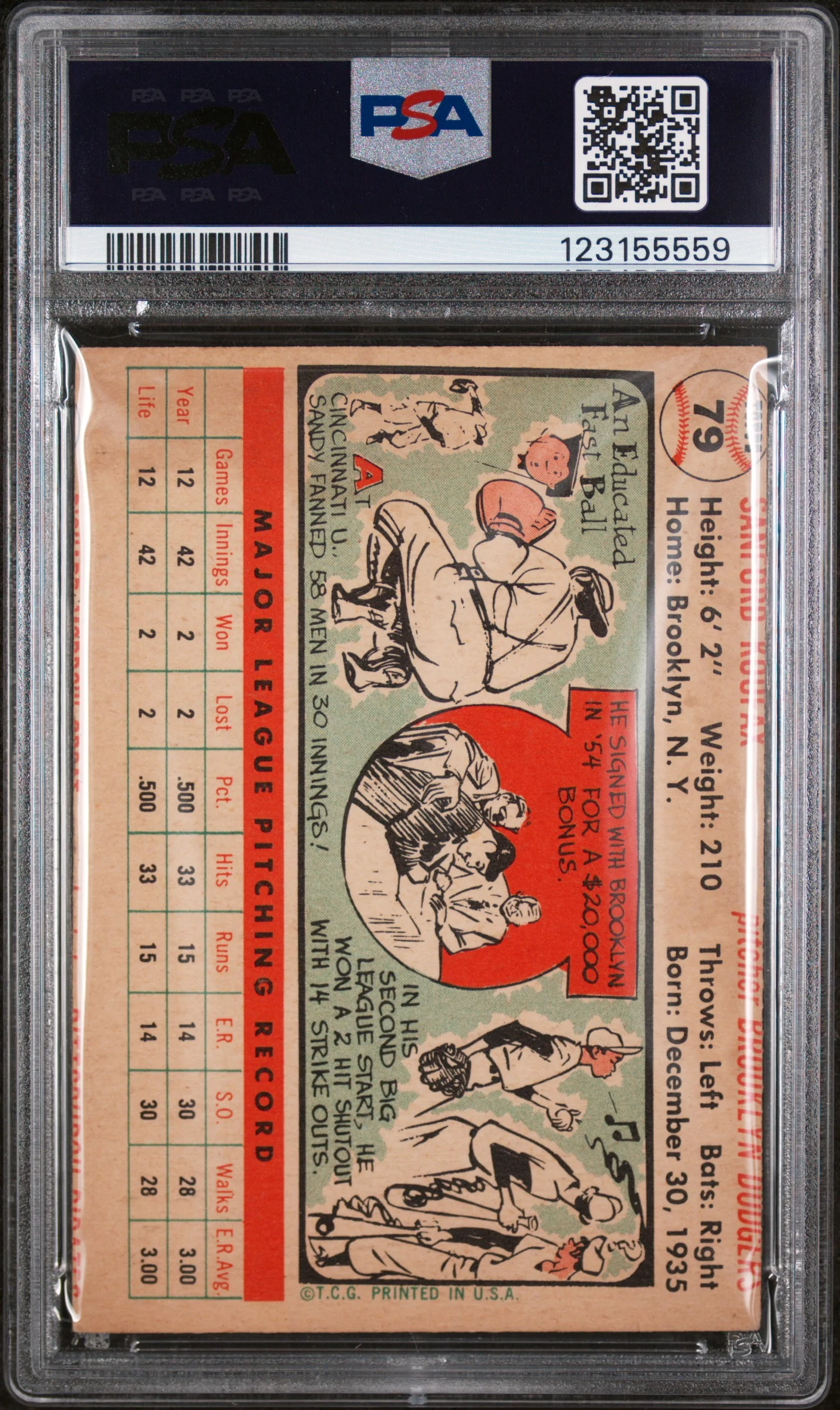 1956 Topps White Back Sandy Koufax #79 PSA 3 - Image 2