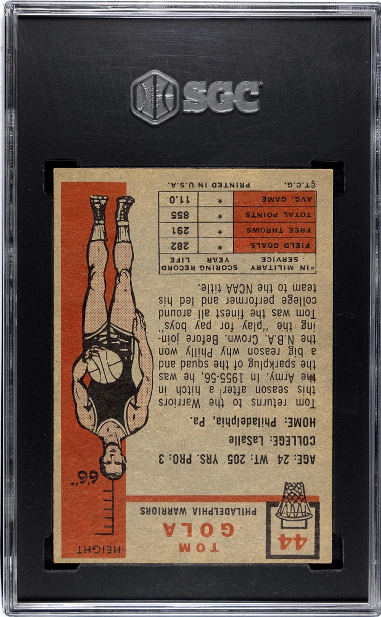 1957-58 Topps Basketball Tom Gola #44 SGC 5 - Image 2