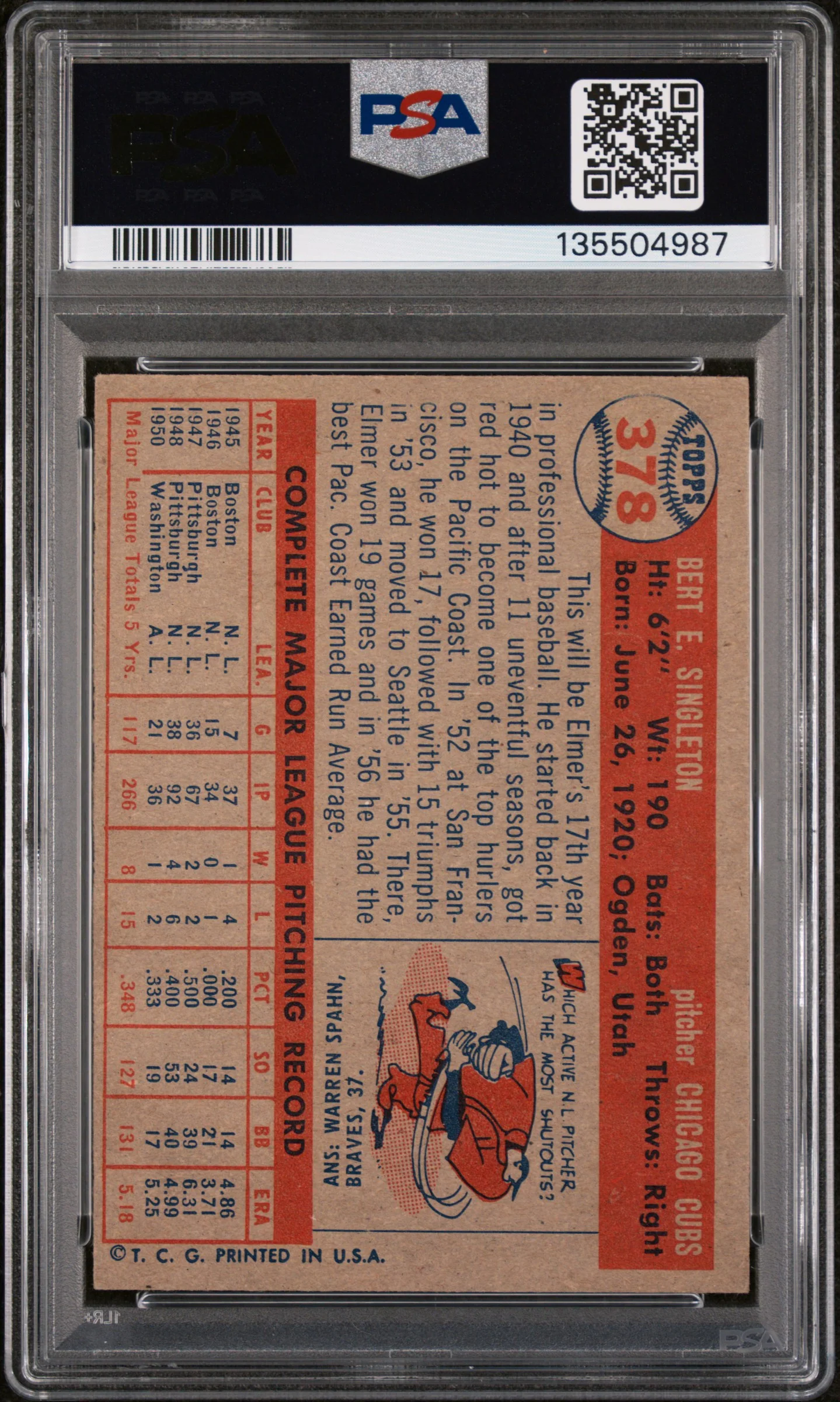 1957 Topps Bert Singleton #378 PSA 6 - Image 2