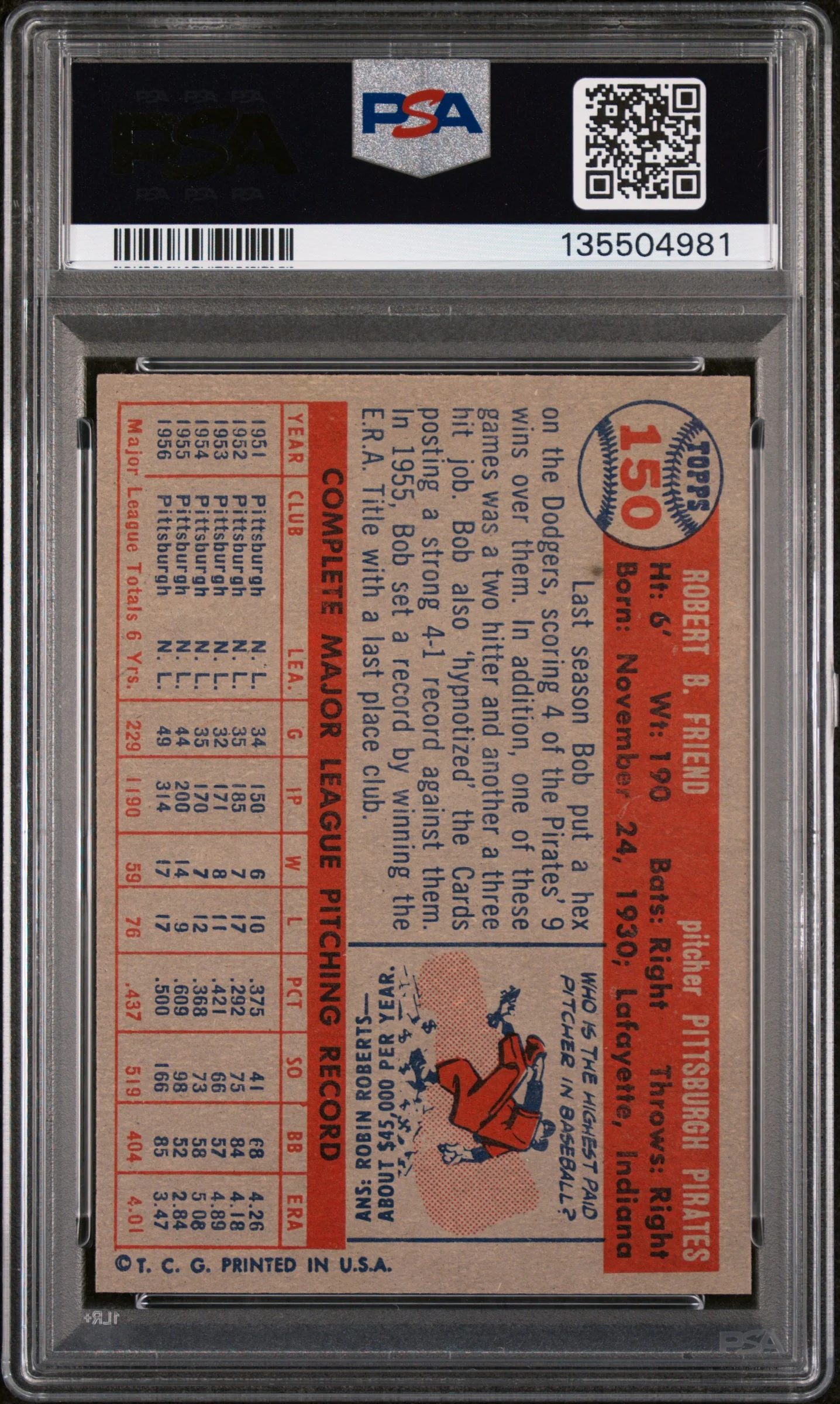 1957 Topps Bob Friend #150 PSA 7 - Image 2
