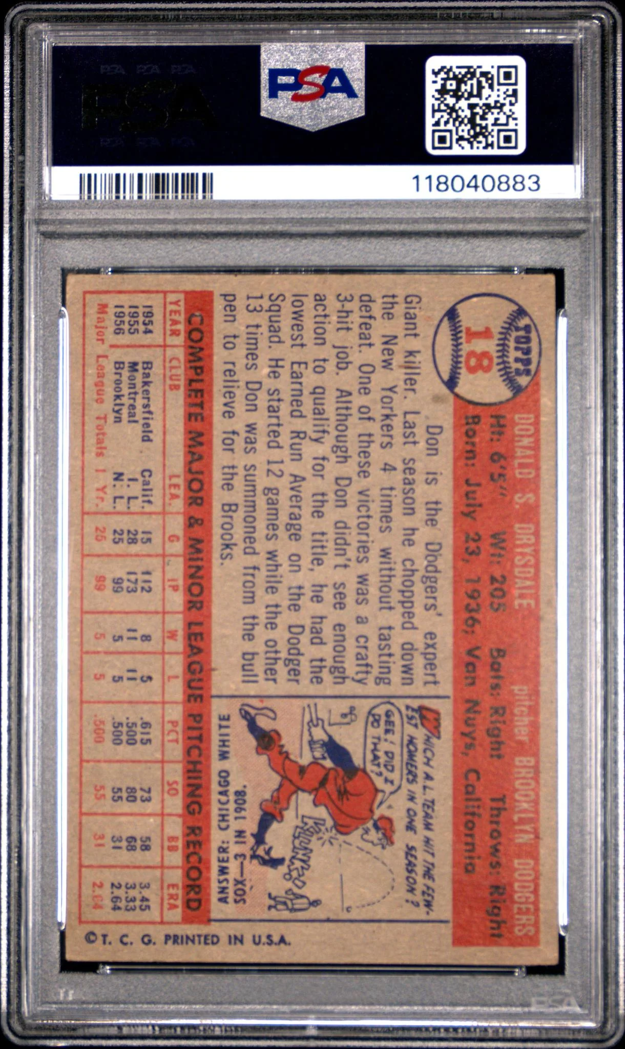 1957 Topps Don Drysdale #18 RC PSA 2 - Image 2