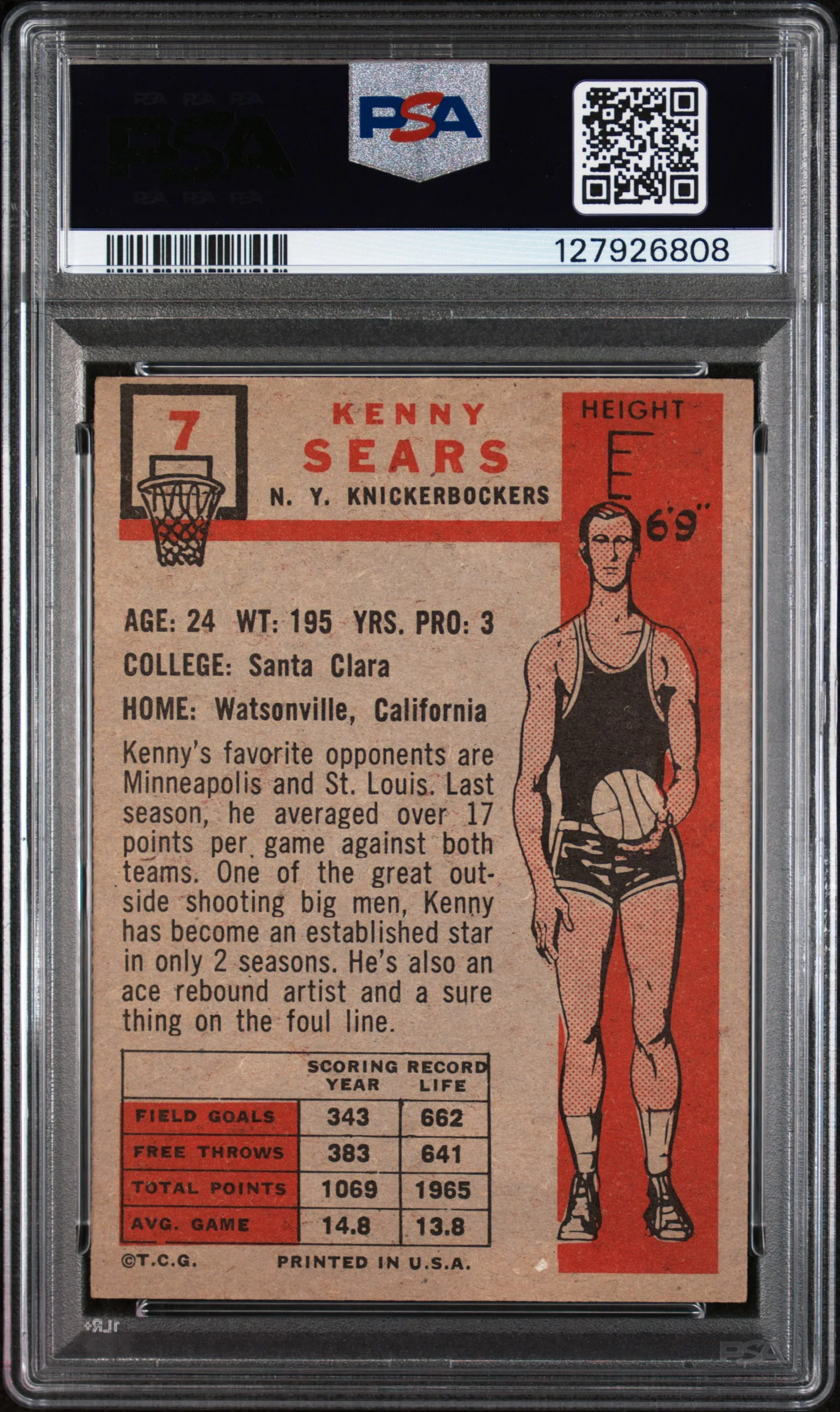 1957 Topps Kenny Sears #7 PSA 5 - Image 2