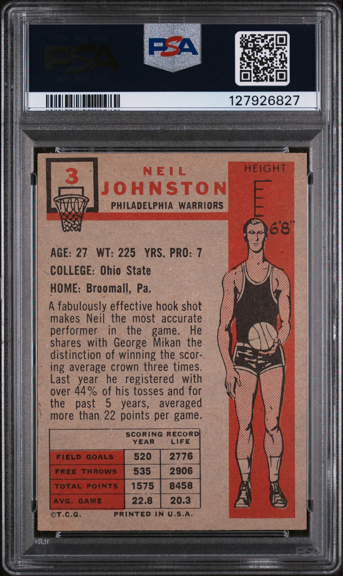 1957 Topps Neil Johnston #3 PSA 4 - Image 2