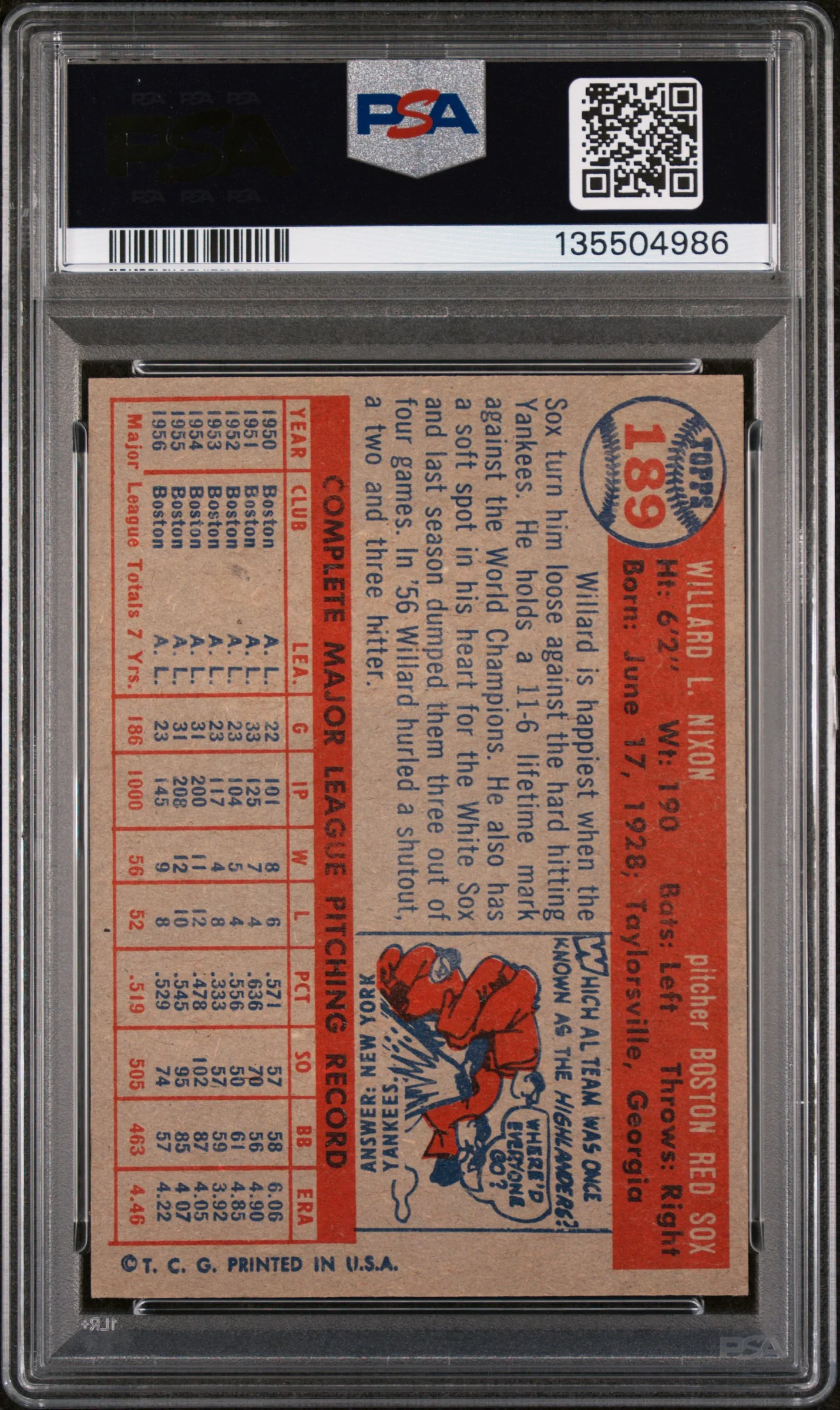 1957 Topps Willard Nixon #189 PSA 7 - Image 2