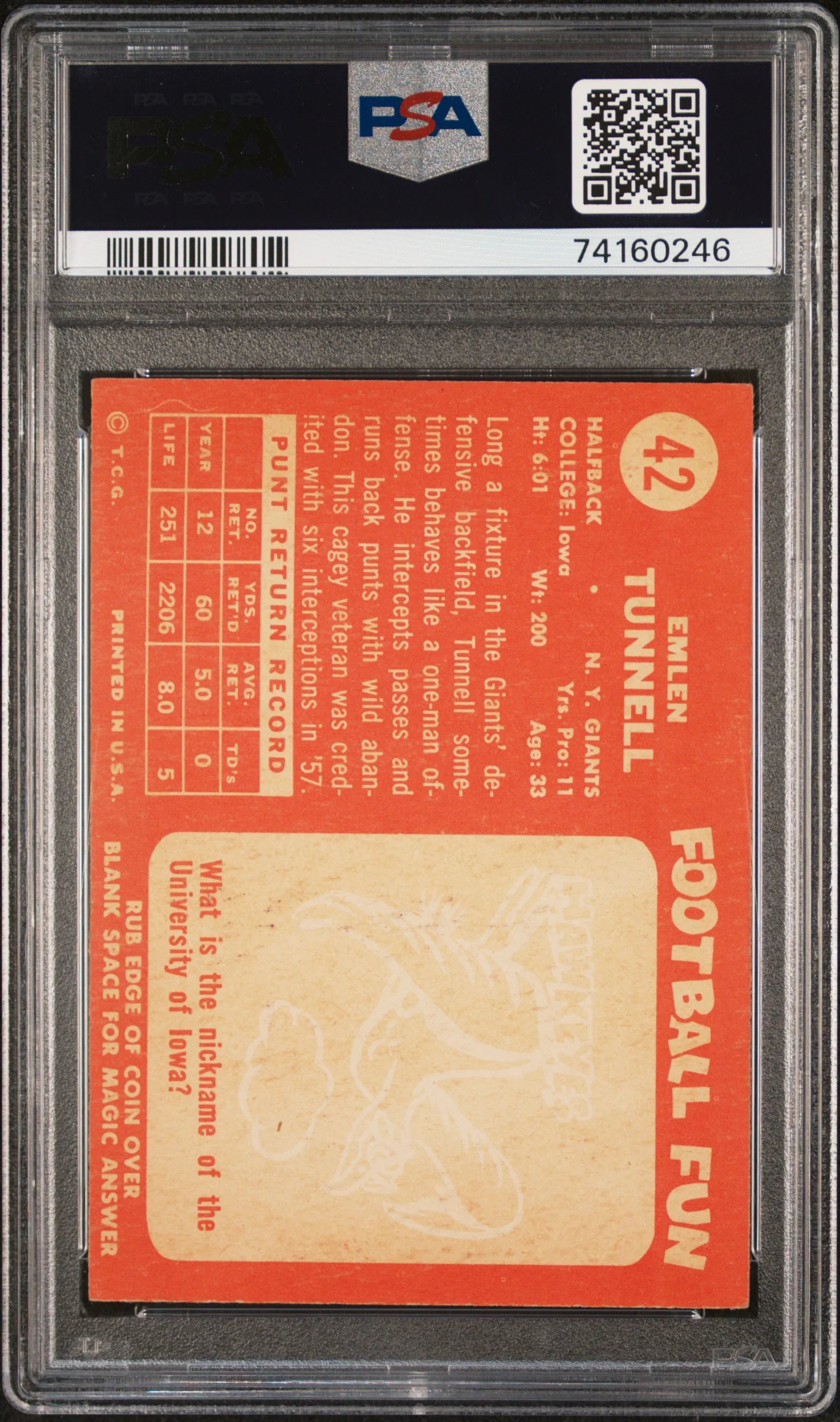 1958 Topps Emlen Tunnell #42 PSA 7 - Image 2