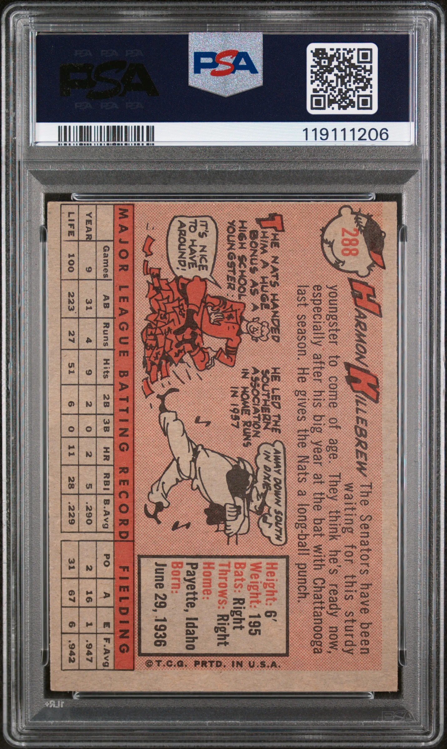 1958 Topps Harmon Killebrew #288 PSA 7 - Image 2