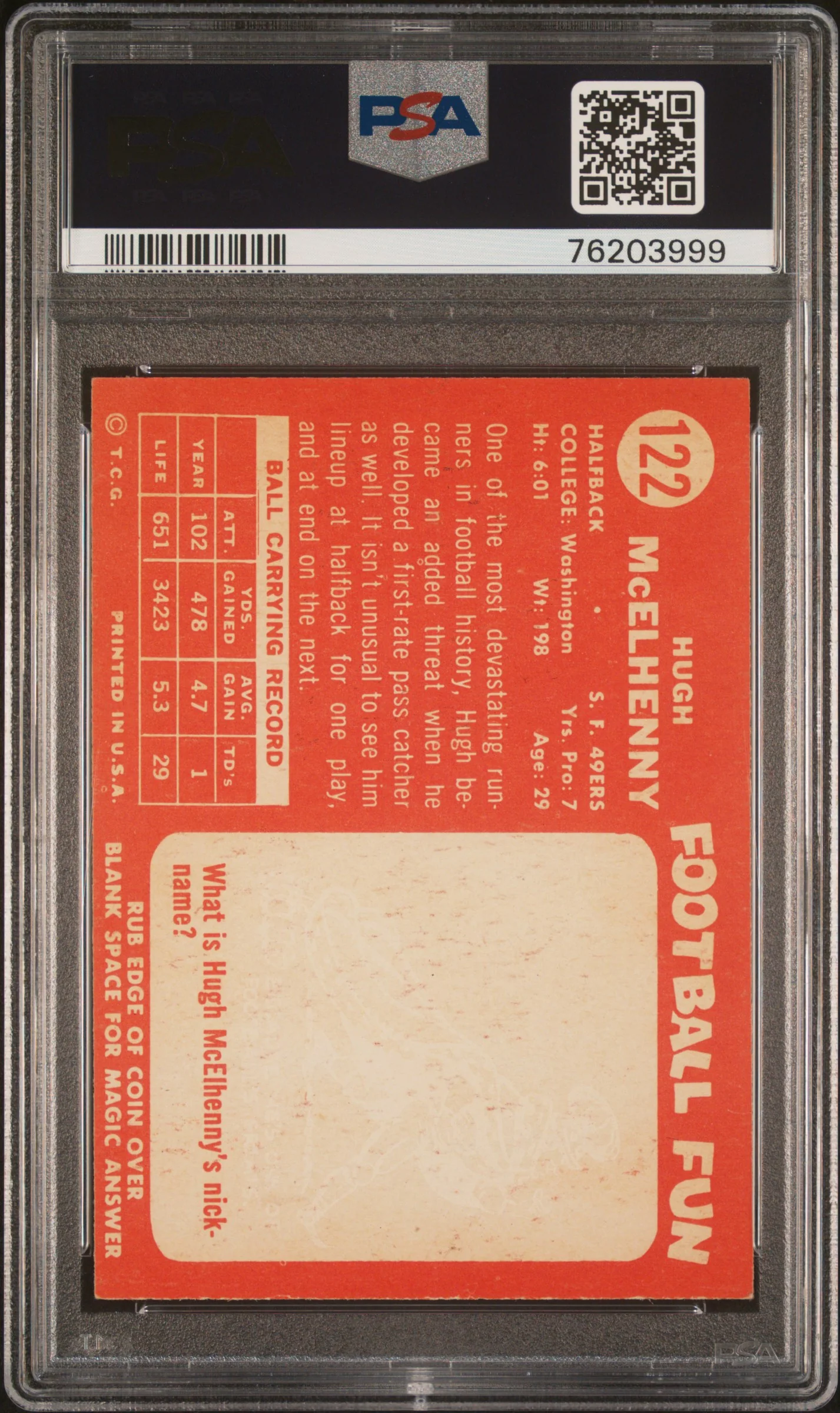 1958 Topps Hugh Mcelhenny #122 PSA 5 - Image 2