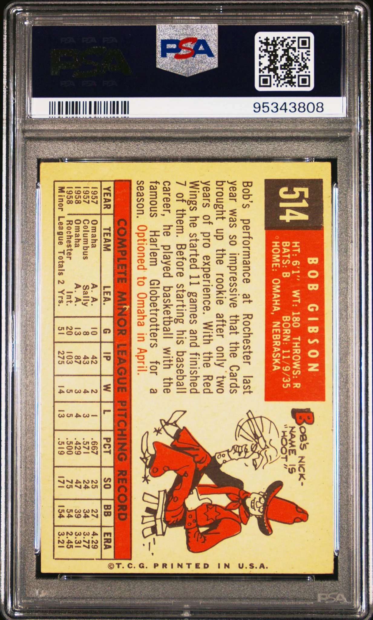 1959 Topps Bob Gibson #514 PSA 4 - Image 2
