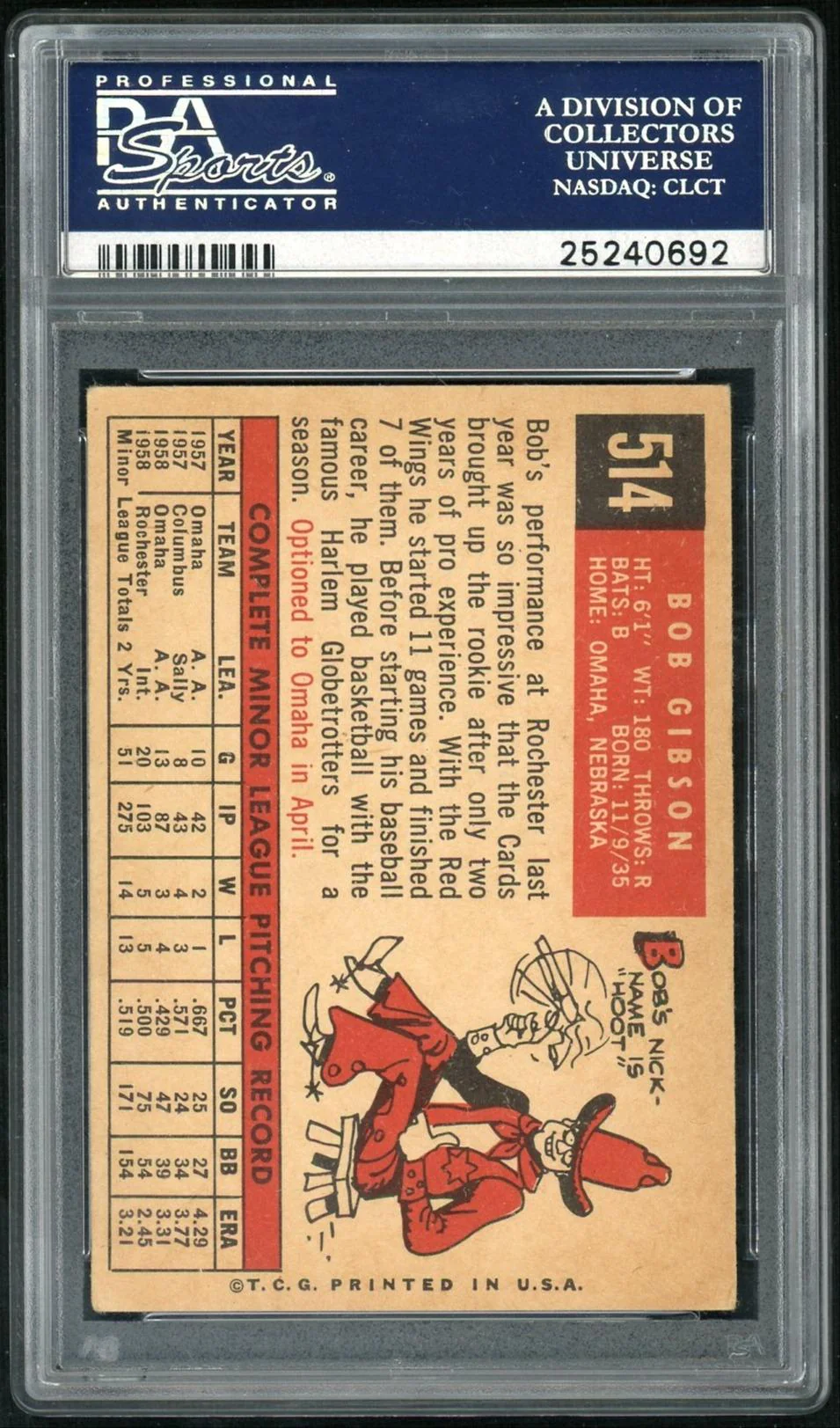 1959 Topps Bob Gibson #514 PSA 4 - Image 2