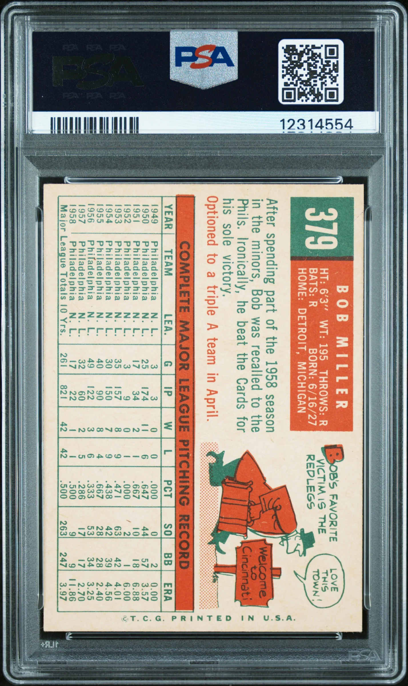1959 Topps Bob Miller #379 PSA 8 - Image 2