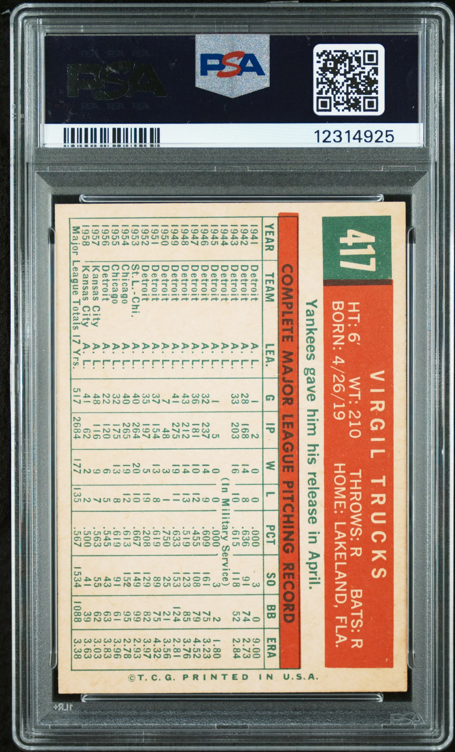1959 Topps Virgil Trucks #417 PSA 8 - Image 2