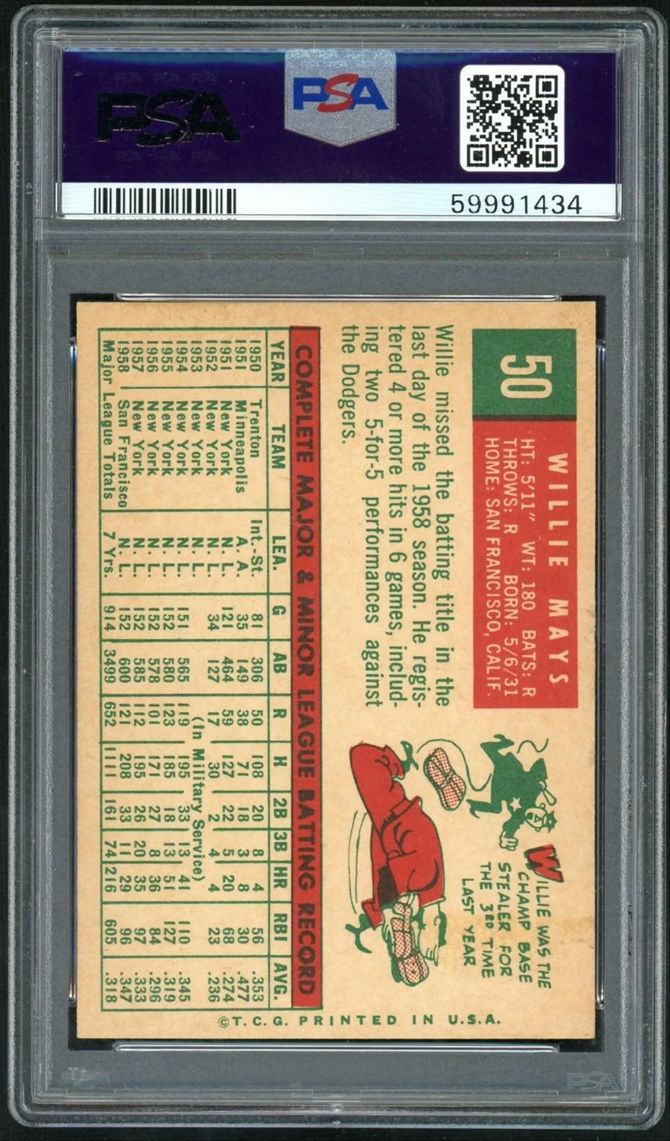1959 Topps Willie Mays #50 PSA 6 - Image 2