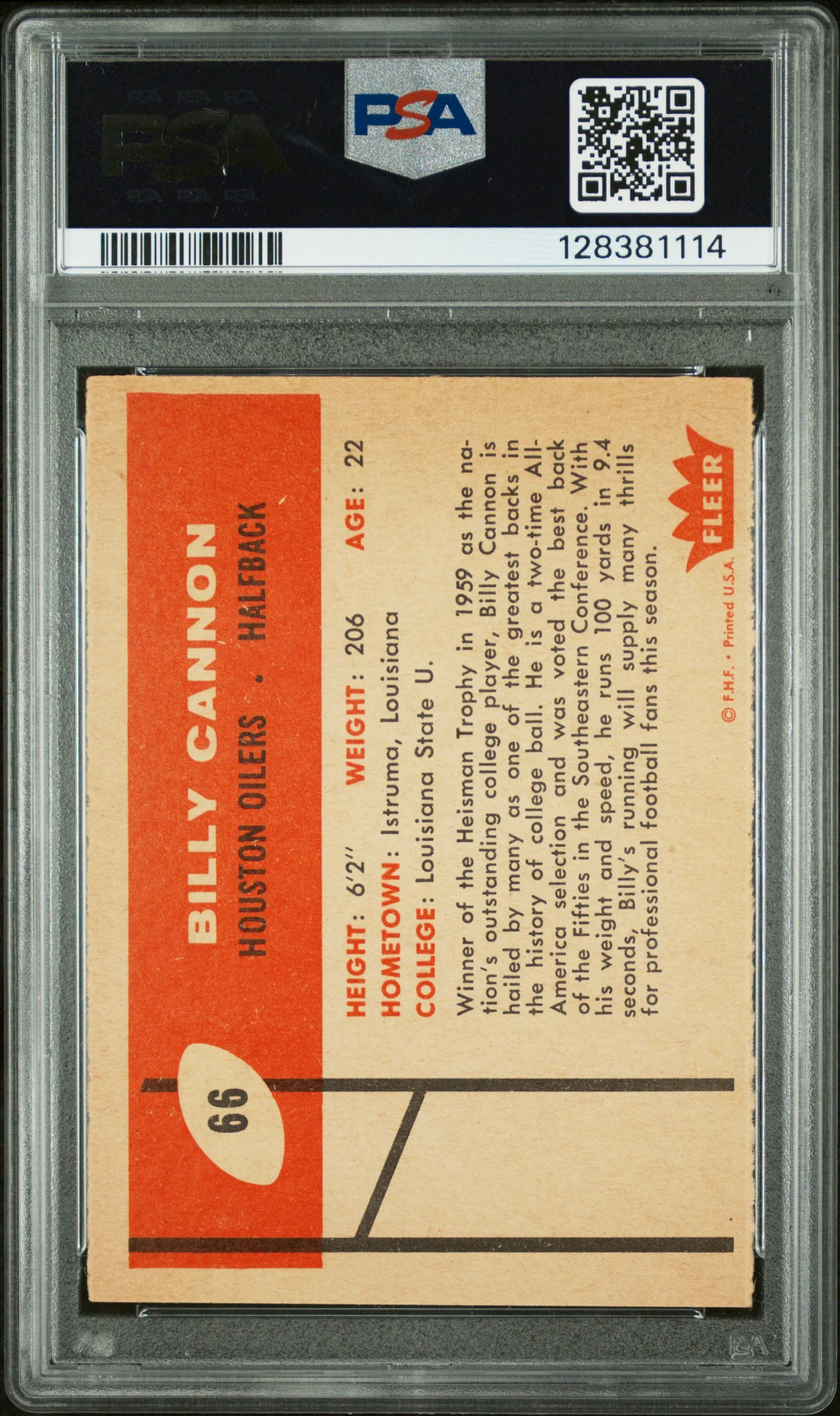 1960 Fleer Billy Cannon #66 PSA 7 - Image 2