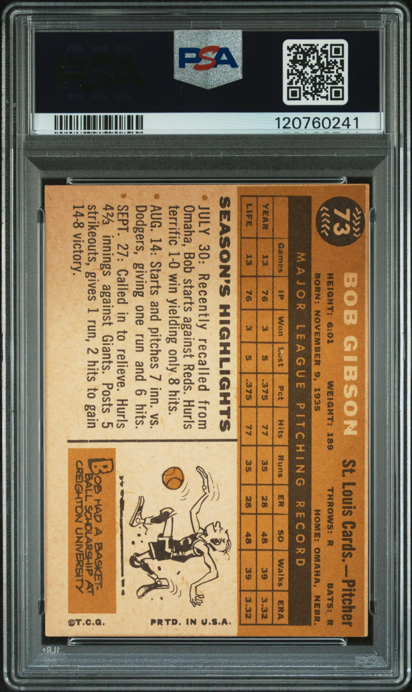 1960 Topps Bob Gibson #73 PSA 4 - Image 2
